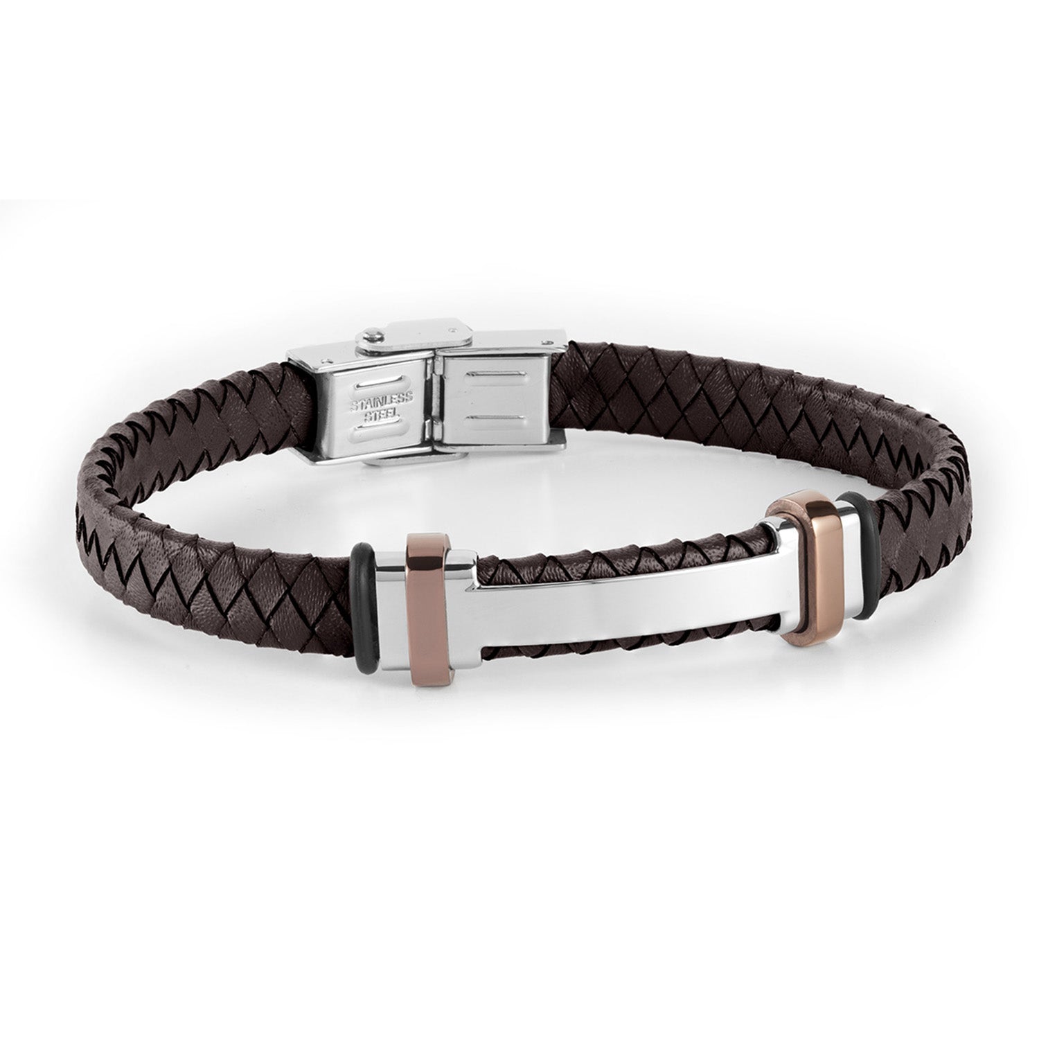 Pulsera piel marron con placa acero y detalles ip cobre