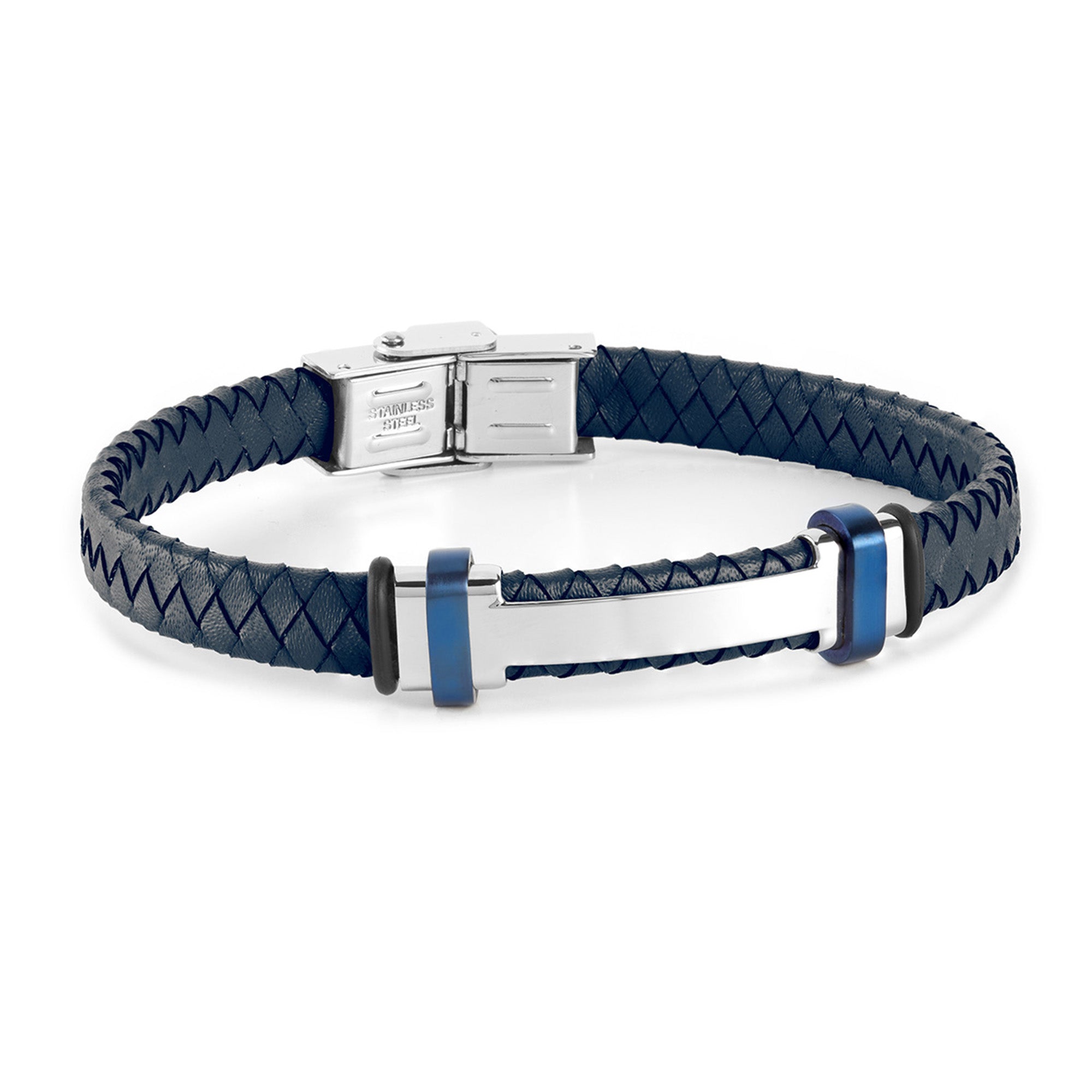 Pulsera piel azul con placa acero y detalles ip azul