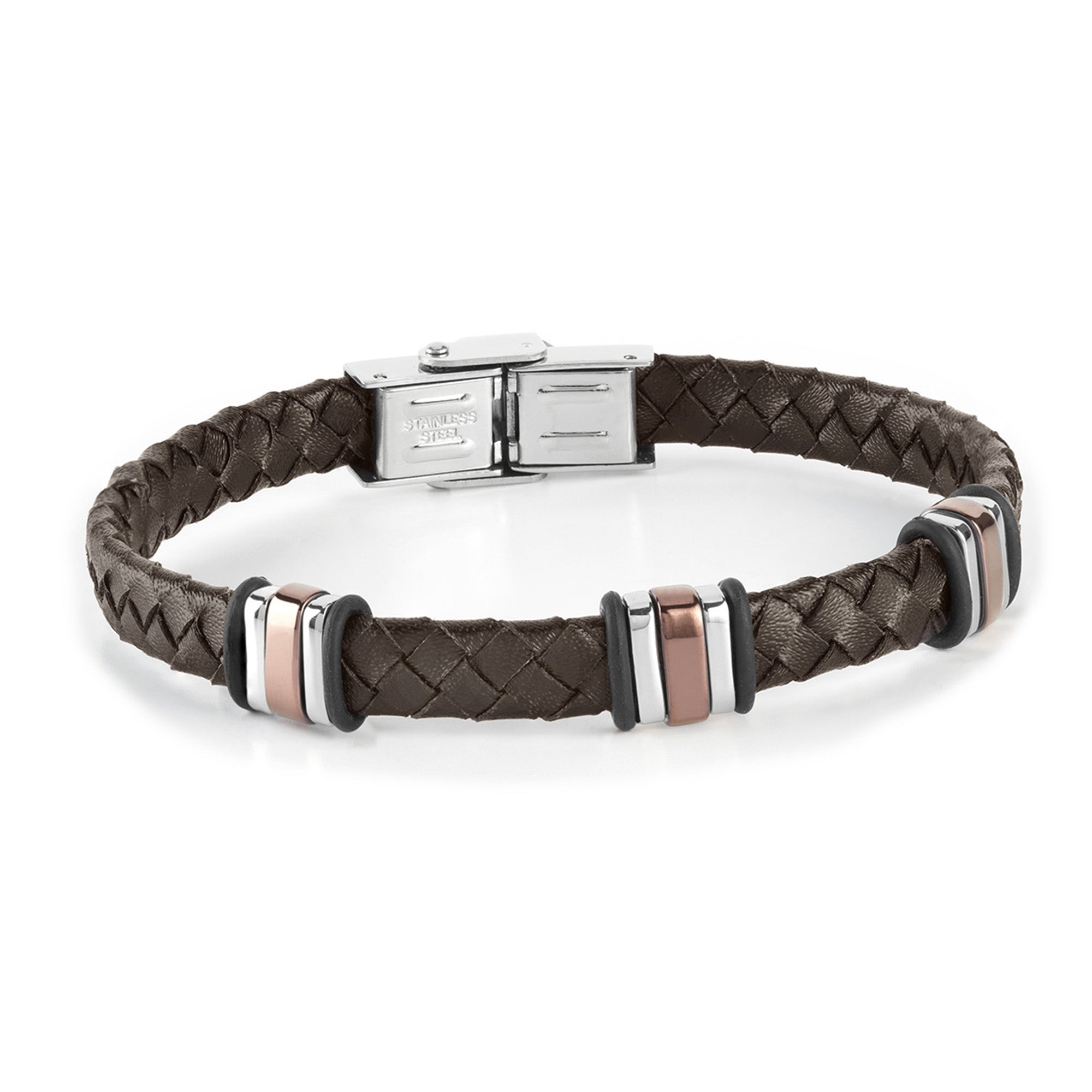 Pulsera de hombre detalles acero IP cobre y piel trenzada marrón