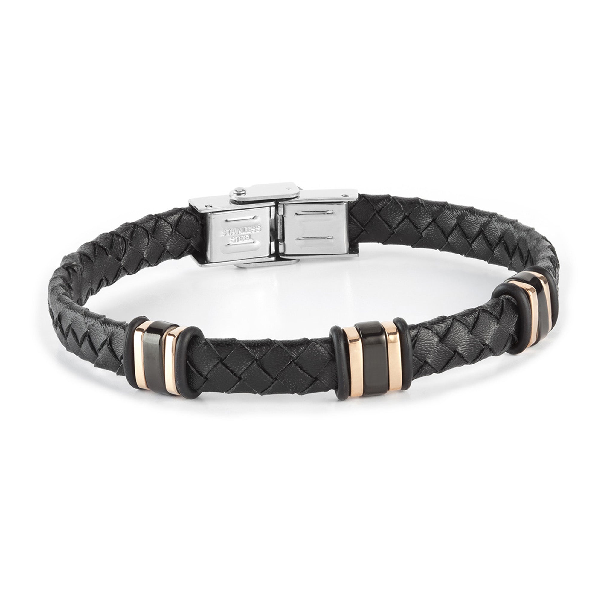 Pulsera de hombre detalles acero IP dorado y piel trenzada negra