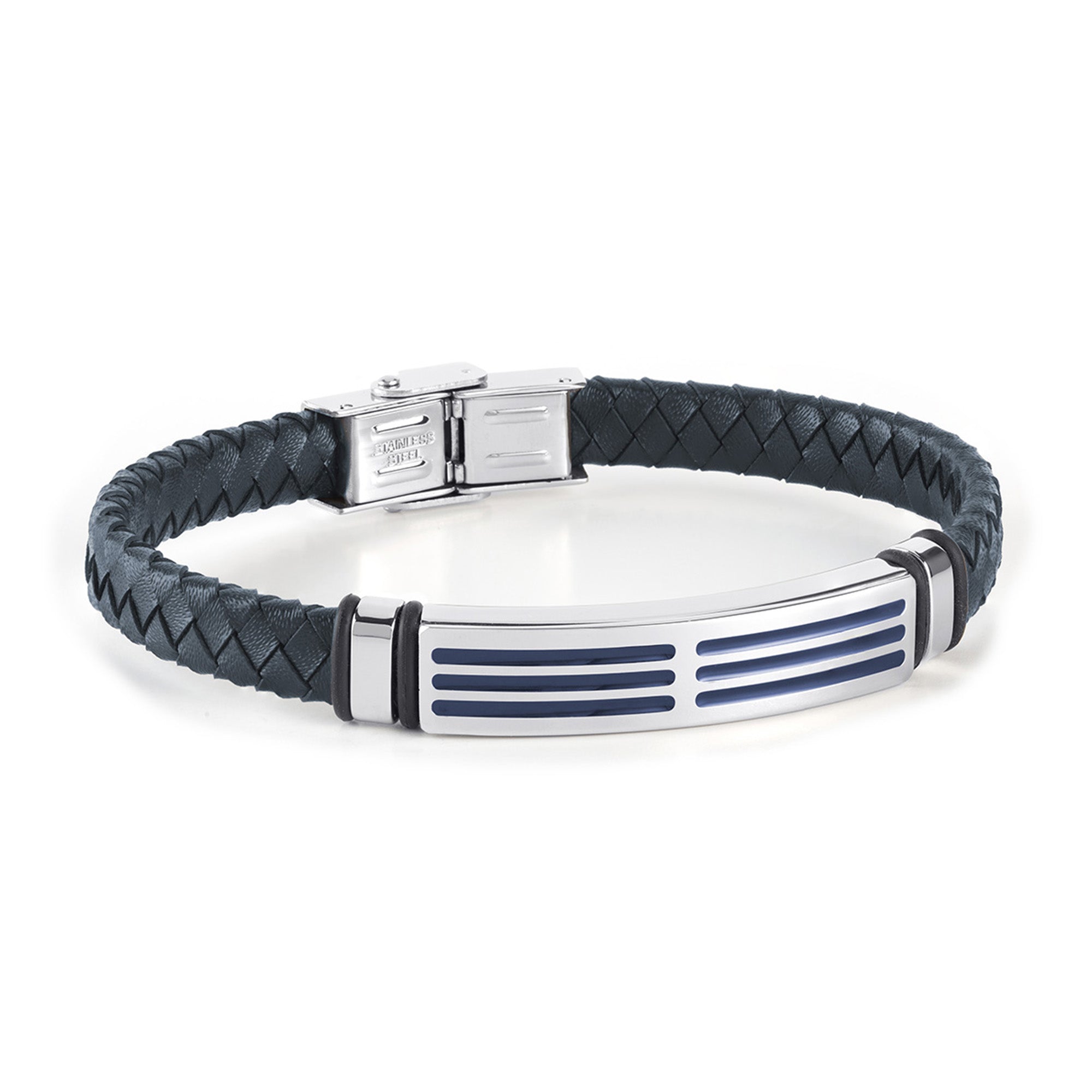 Pulsera de hombre piel trenzada azul con motivo acero