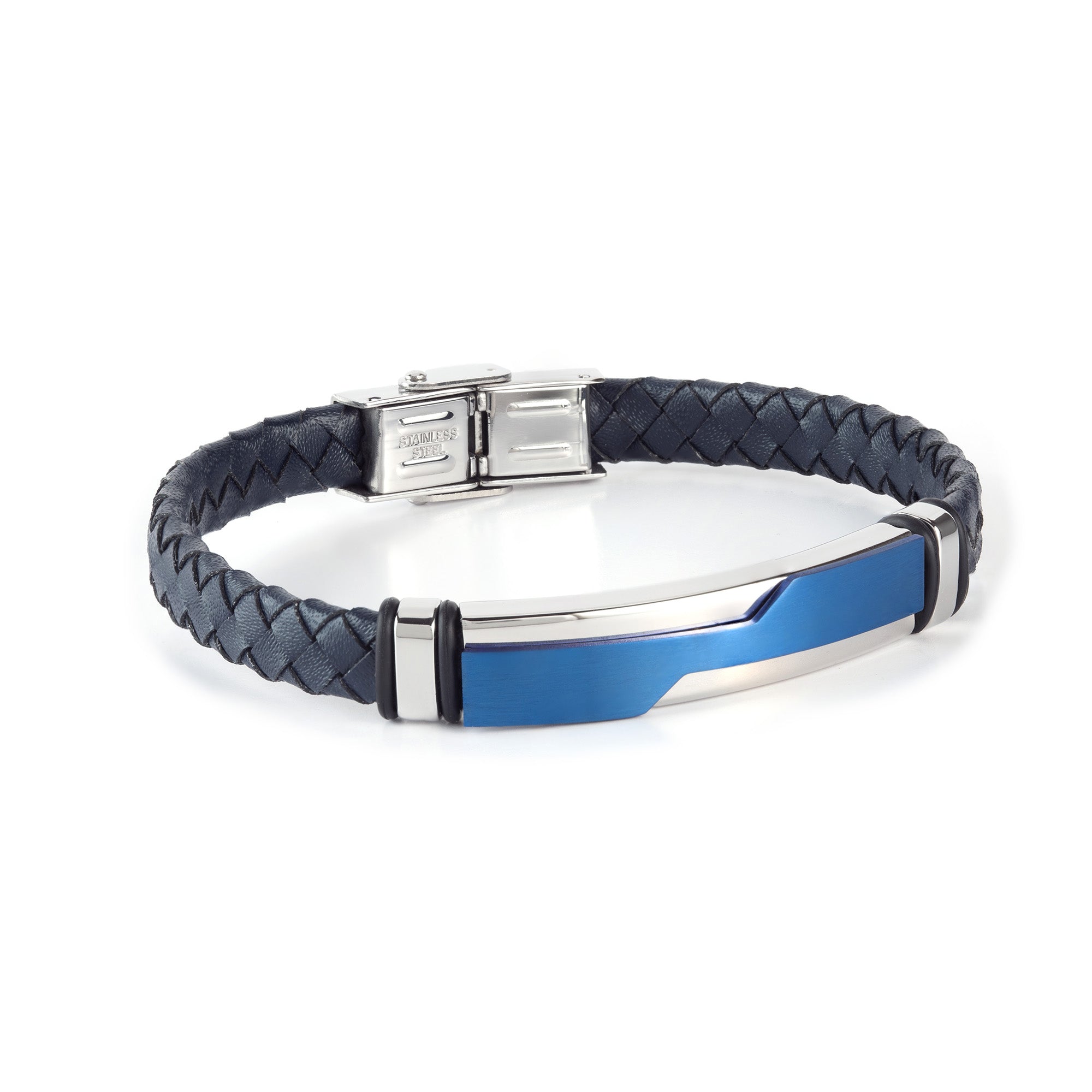 Pulsera de hombre piel trenzada azul con motivo acero ip azul