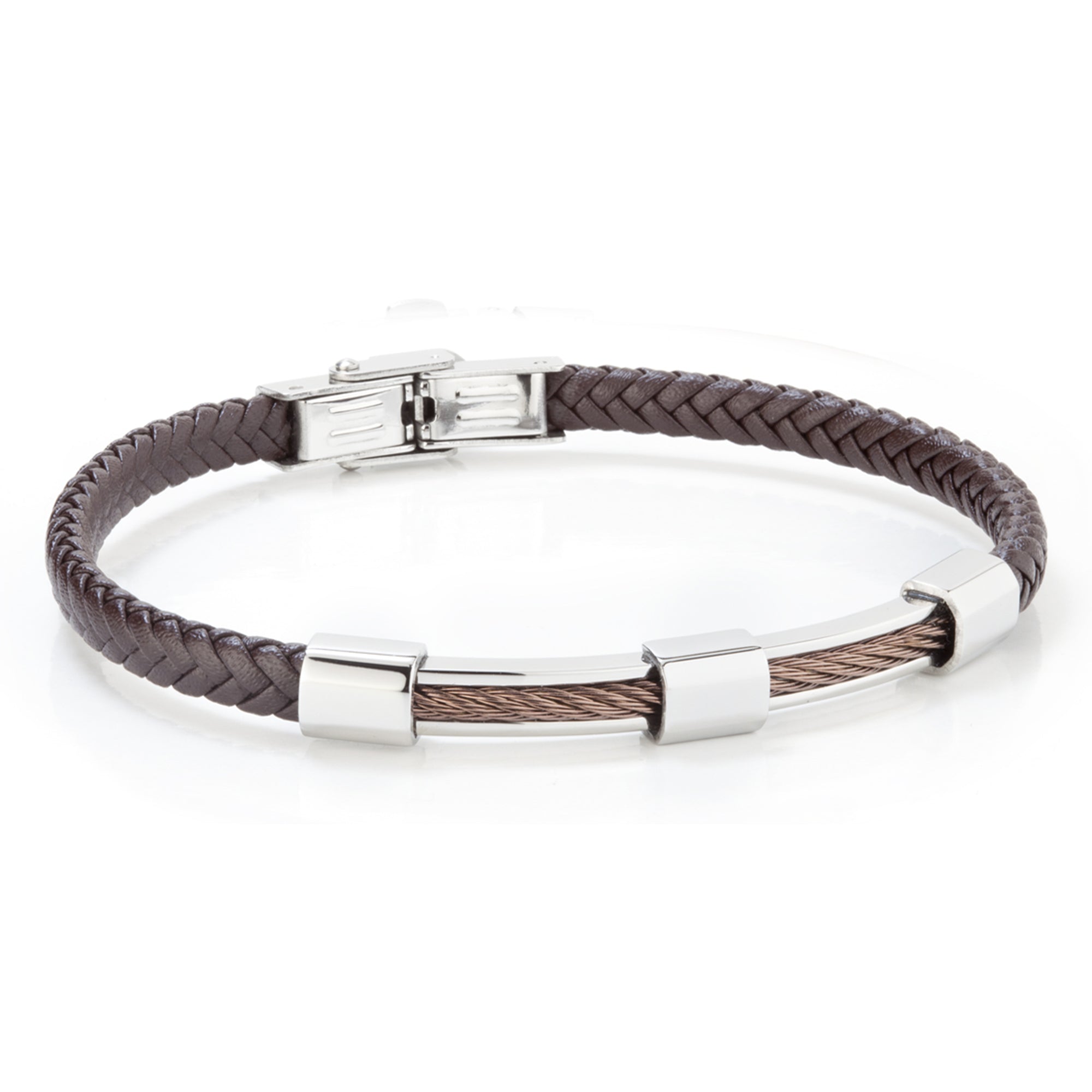 Pulsera de hombre de acero con piel trenzada marrón y detalle Ip cobre