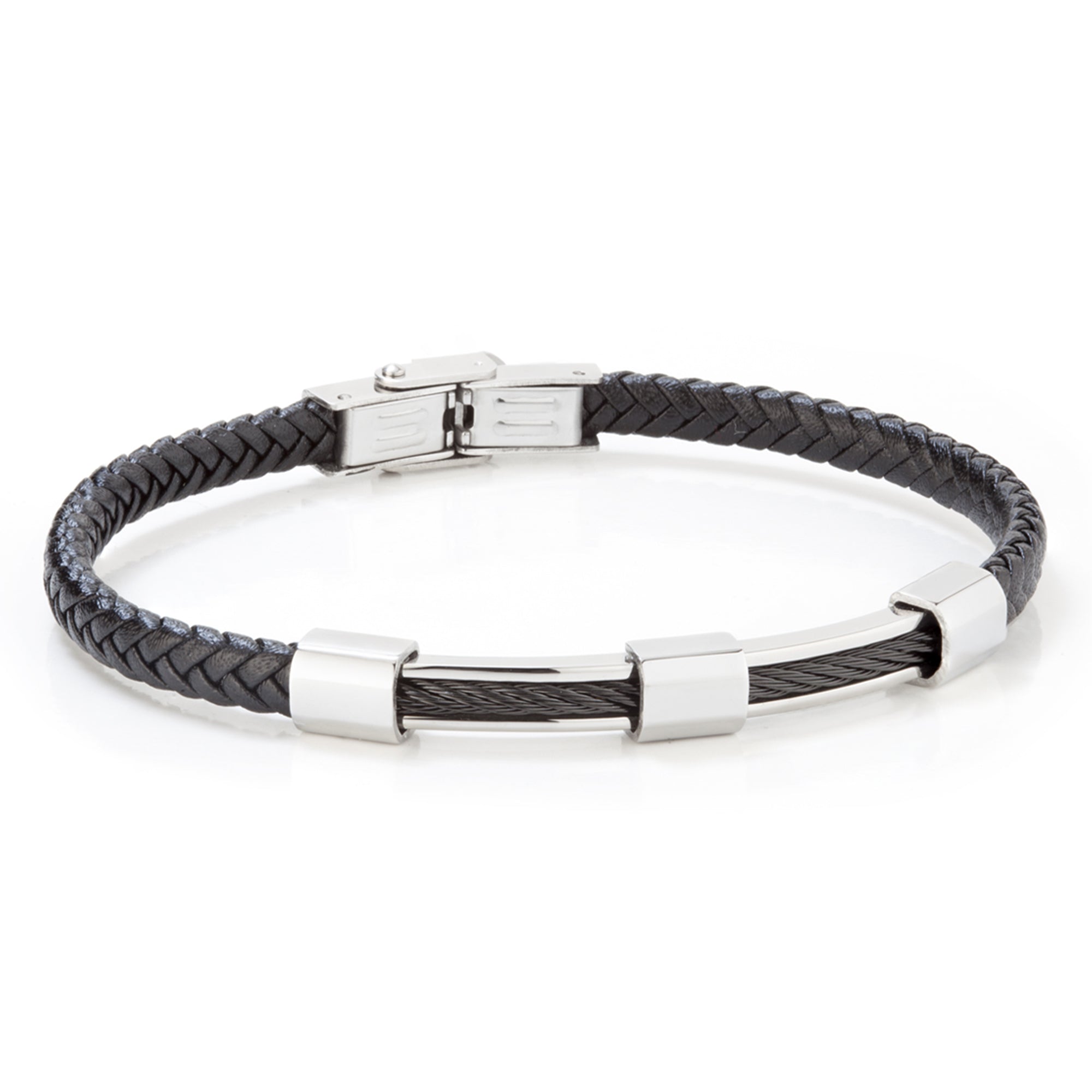 Pulsera de hombre de acero con piel trenzada negra y detalle Ip negro