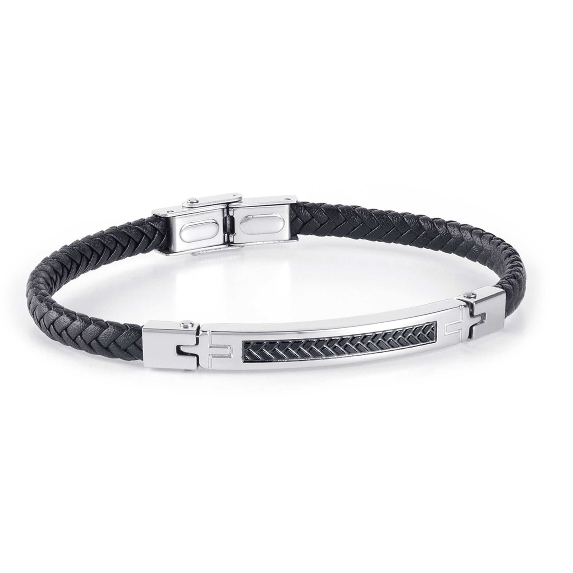 Pulsera de hombre de acero trenzada con piel negra