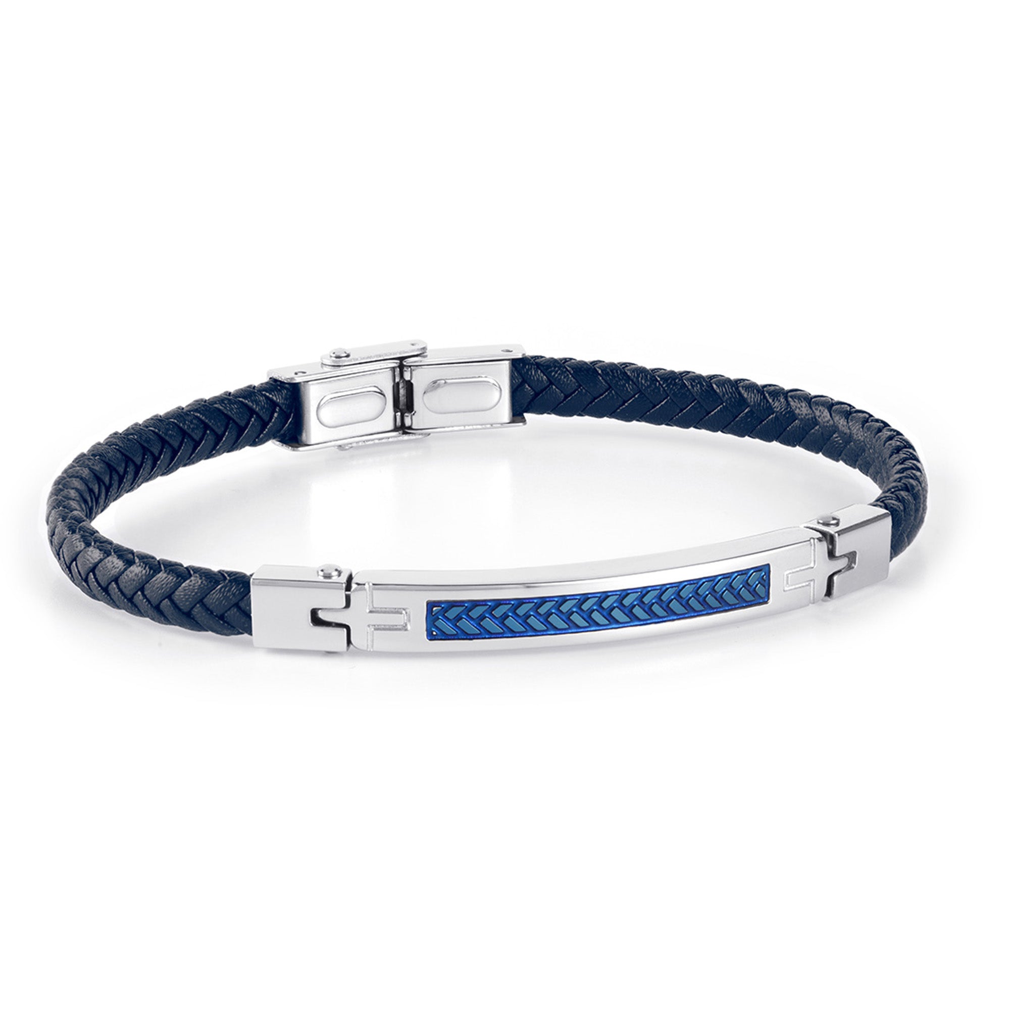 Pulsera de hombre de acero trenzada con piel azul