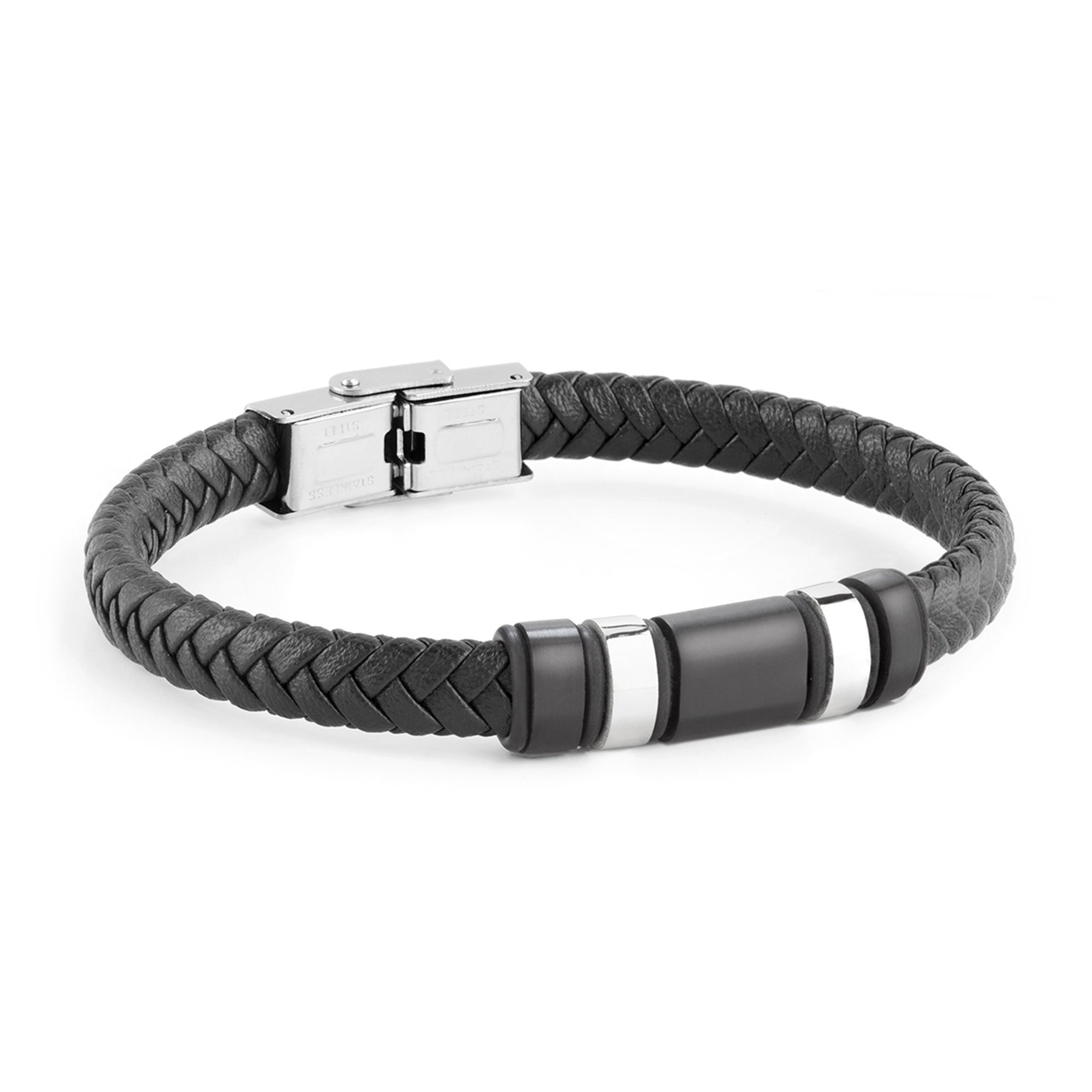 Pulsera de acero con piel negra