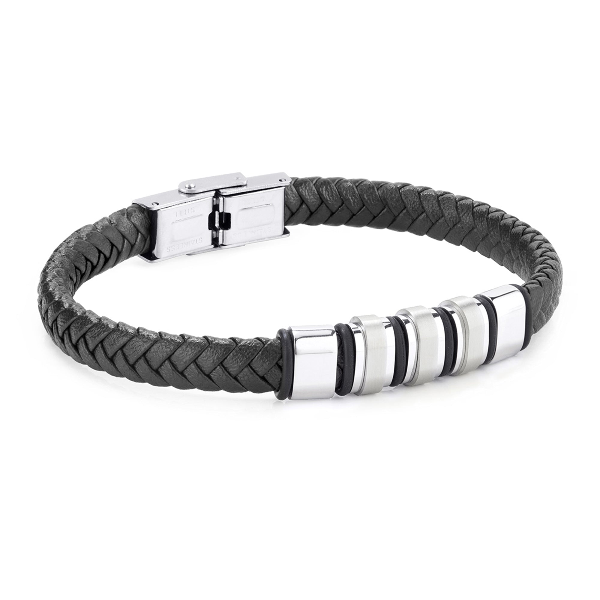 Pulsera de hombre de acero y piel negra