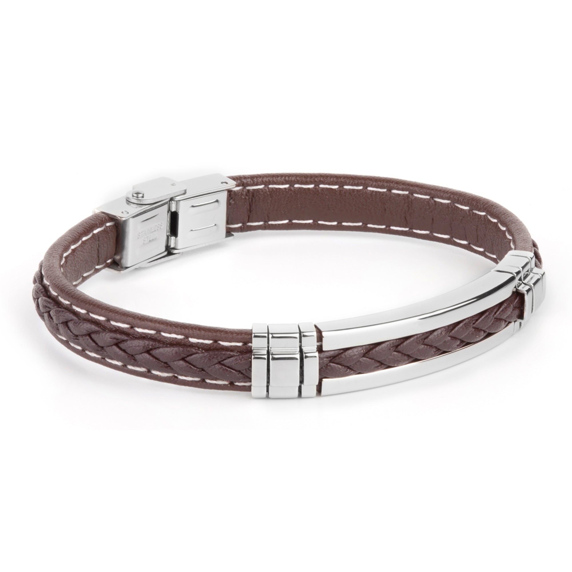 Pulsera de hombre de acero piel trenzada marrón