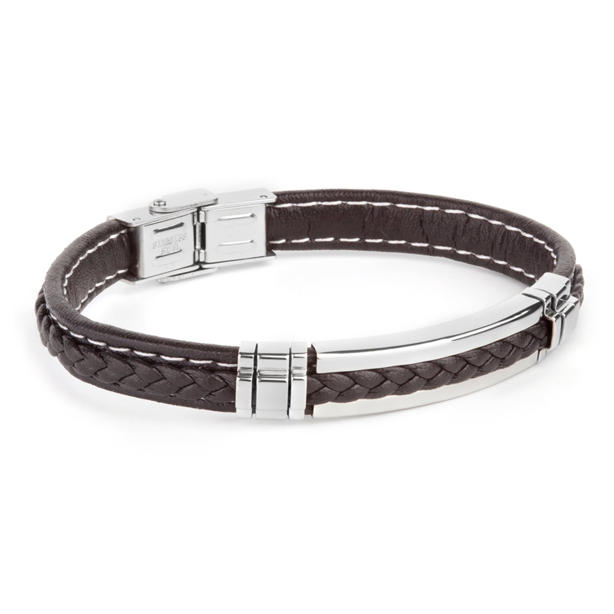 Pulsera de hombre de acero piel trenzada negra