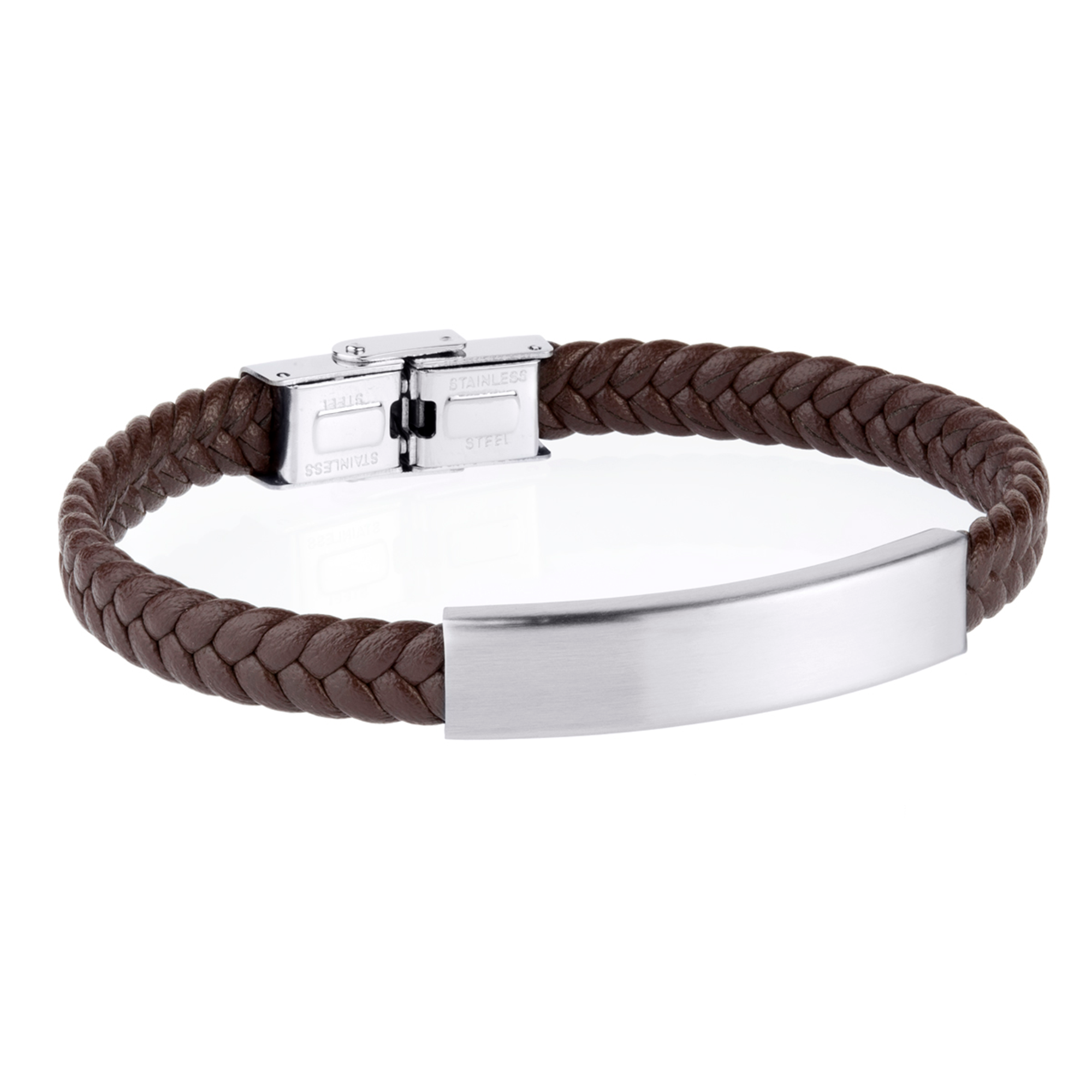 Pulsera de hombre piel trenzada marrón placa acero
