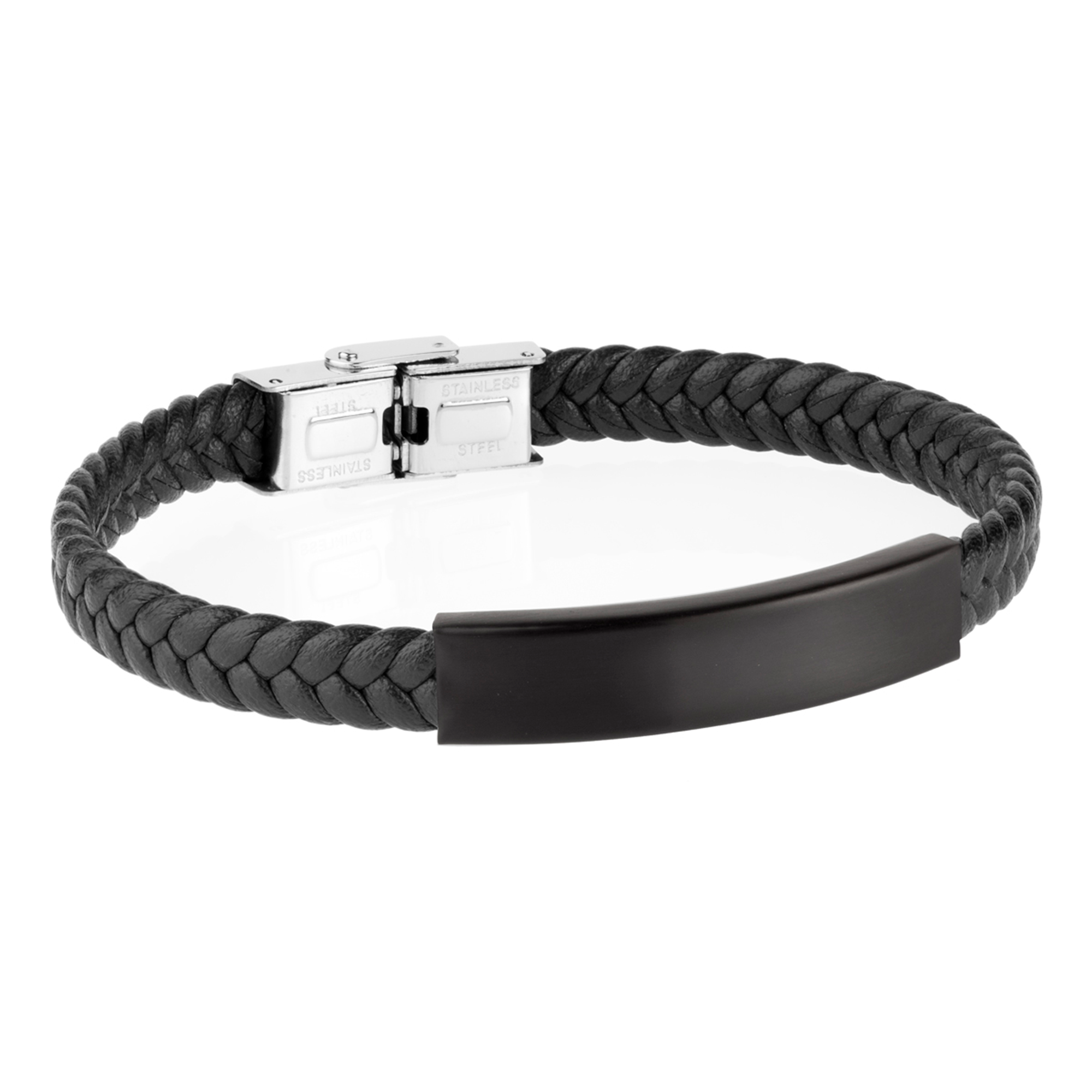 Pulsera de hombre piel trenzada negra placa acero Ip negro