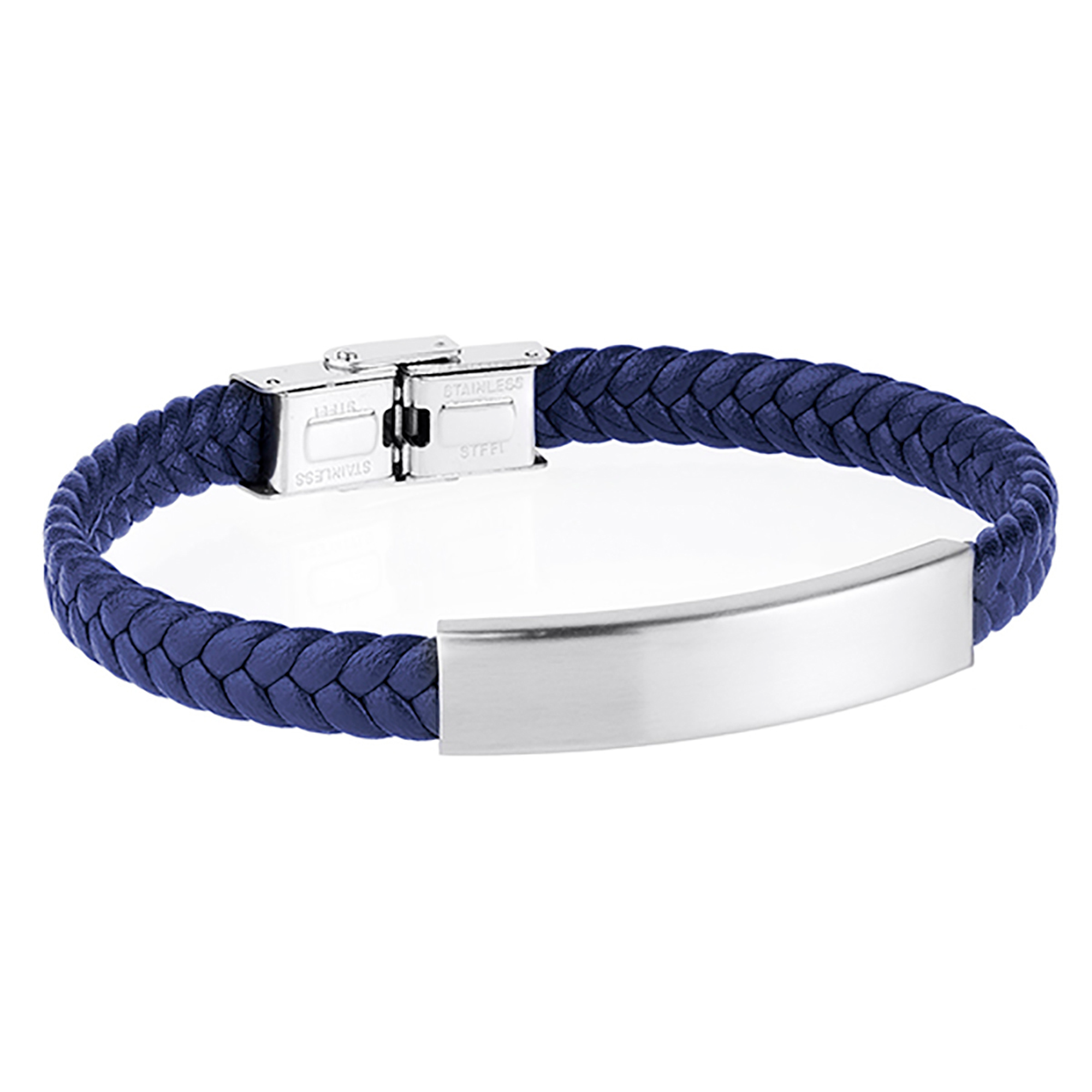 Pulsera de hombre piel trenzada azul placa acero