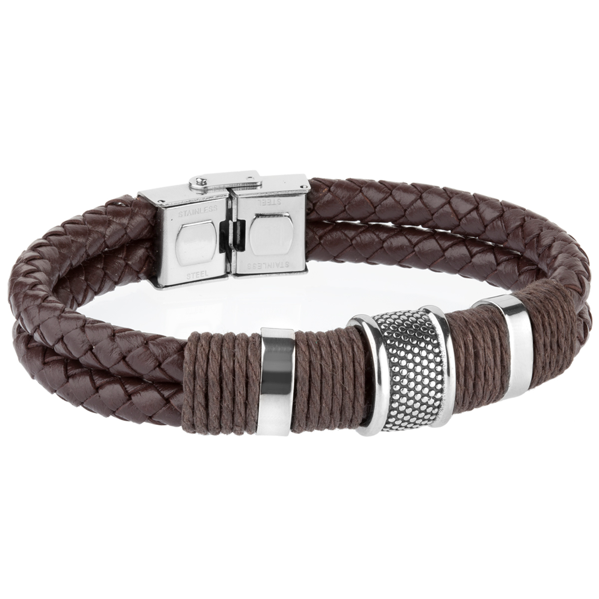 Pulsera de hombre doble piel trenzada marrón motivos acero