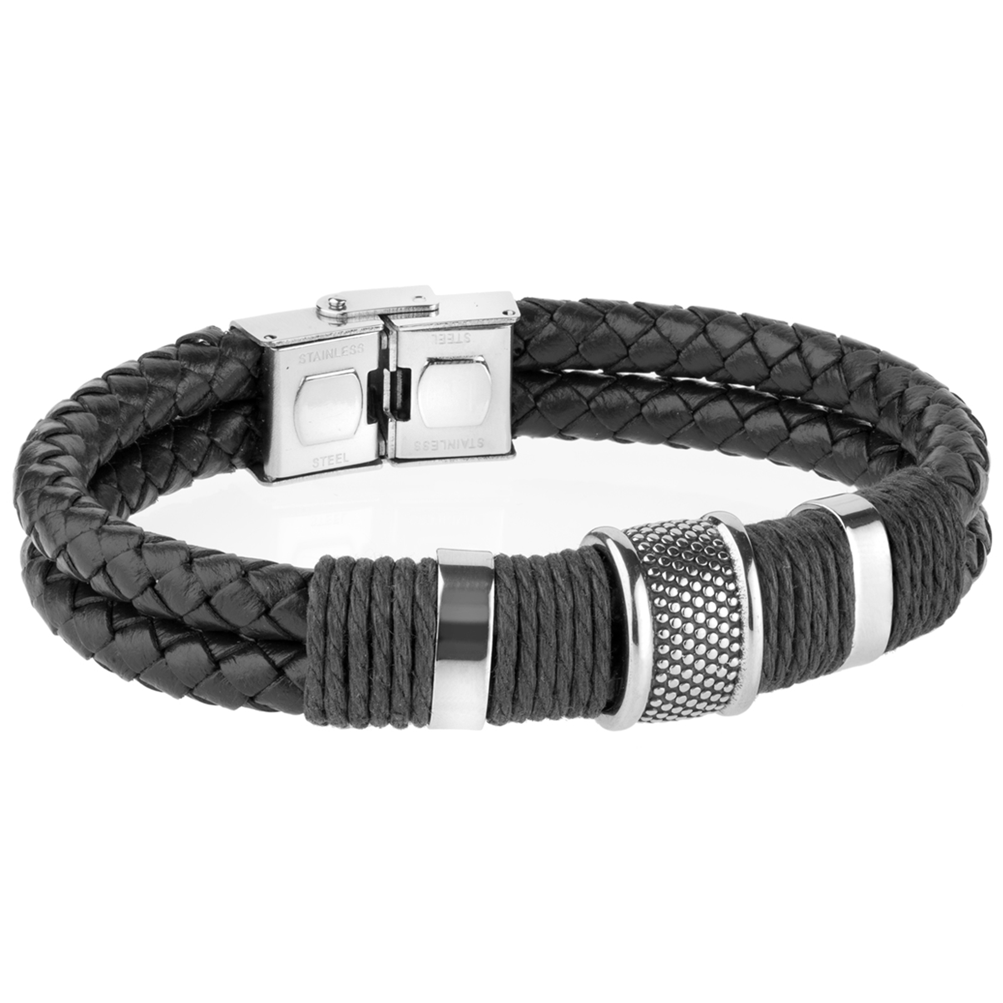 Pulsera de hombre doble piel trenzada negra motivos acero