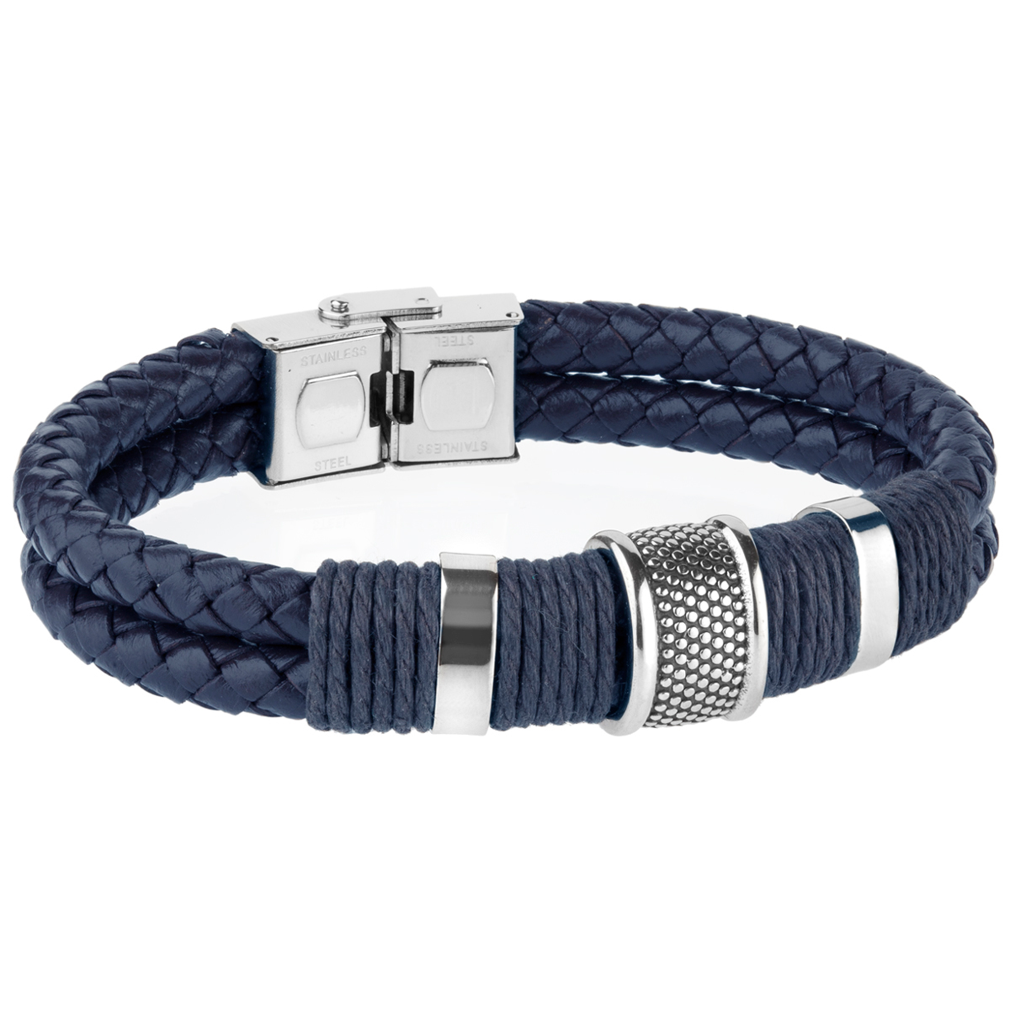 Pulsera de hombre doble piel trenzada azul motivos acero