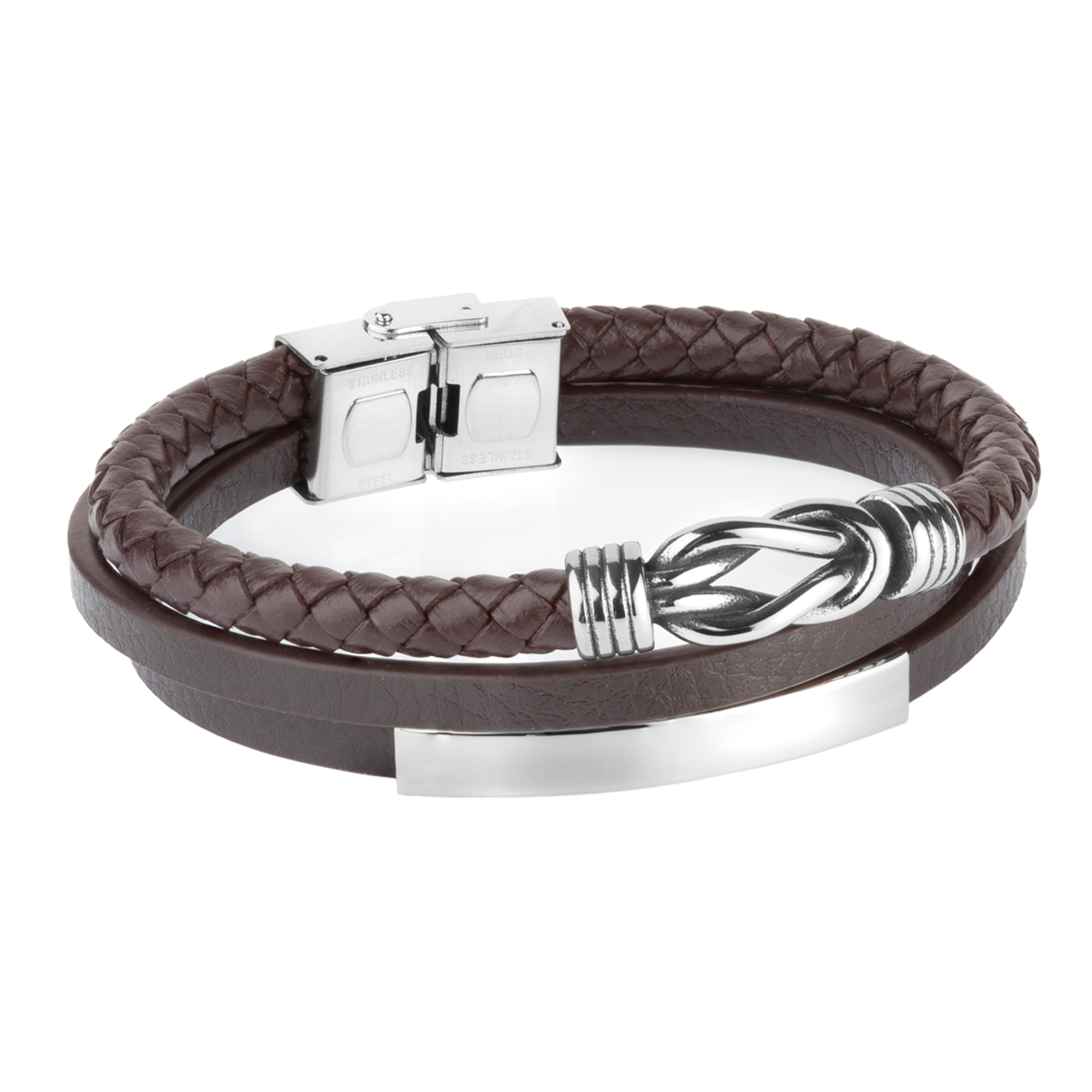 Pulsera de hombre triple piel marrón con placa y nudo en acero