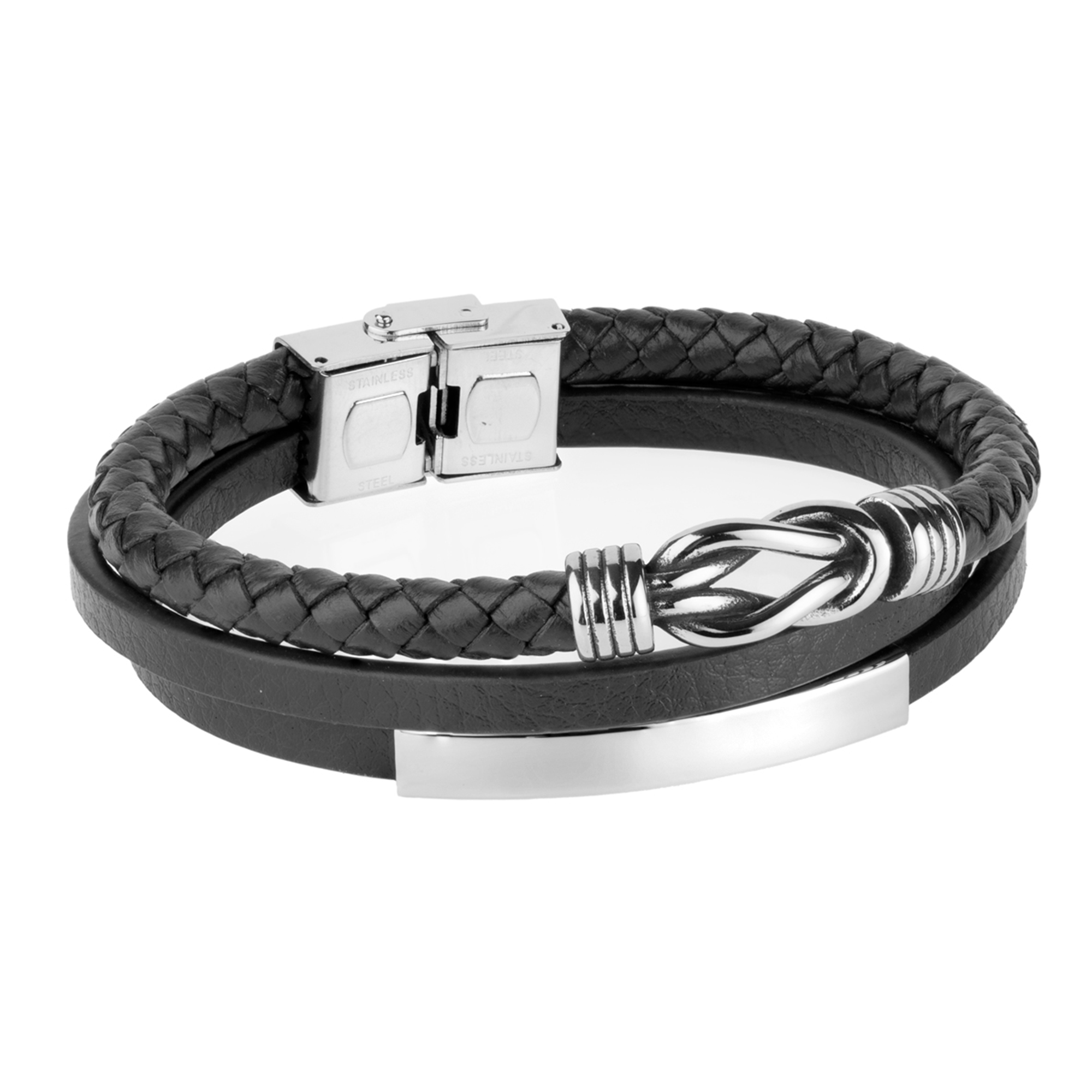Pulsera de hombre triple piel negro con placa y nudo en acero