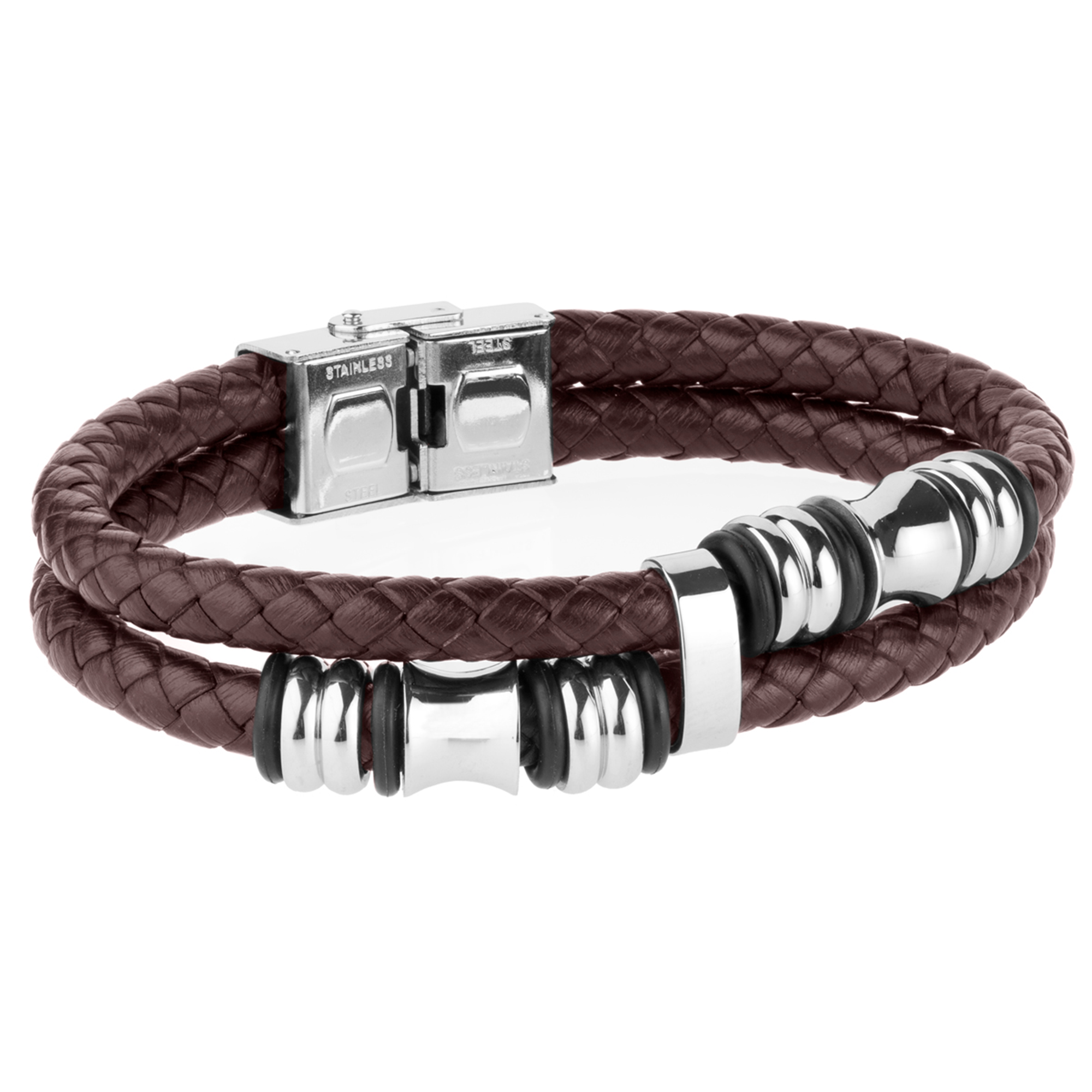 Pulsera de hombre doble piel marrón con motivo en acero