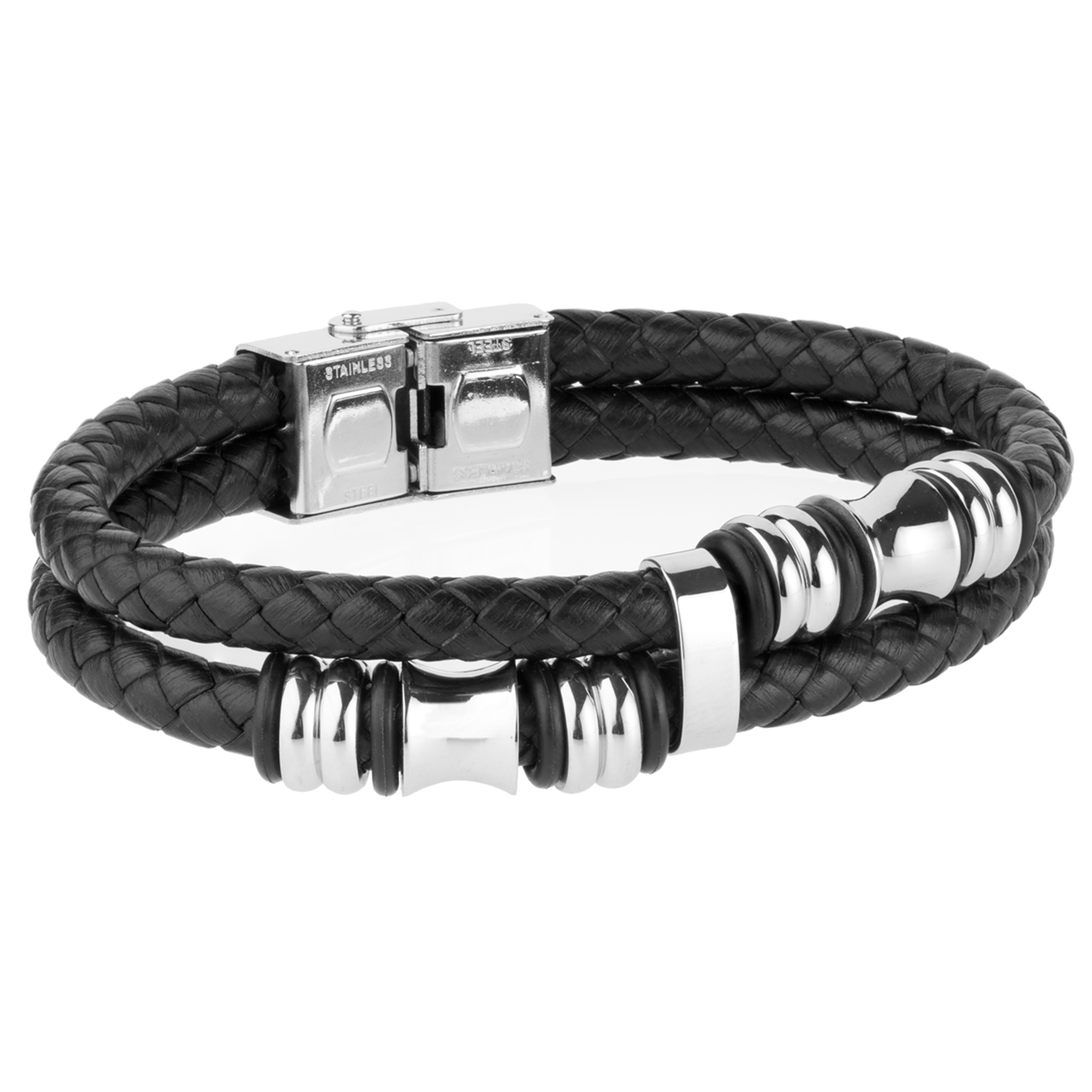 Pulsera de hombre doble piel negro con motivo en acero