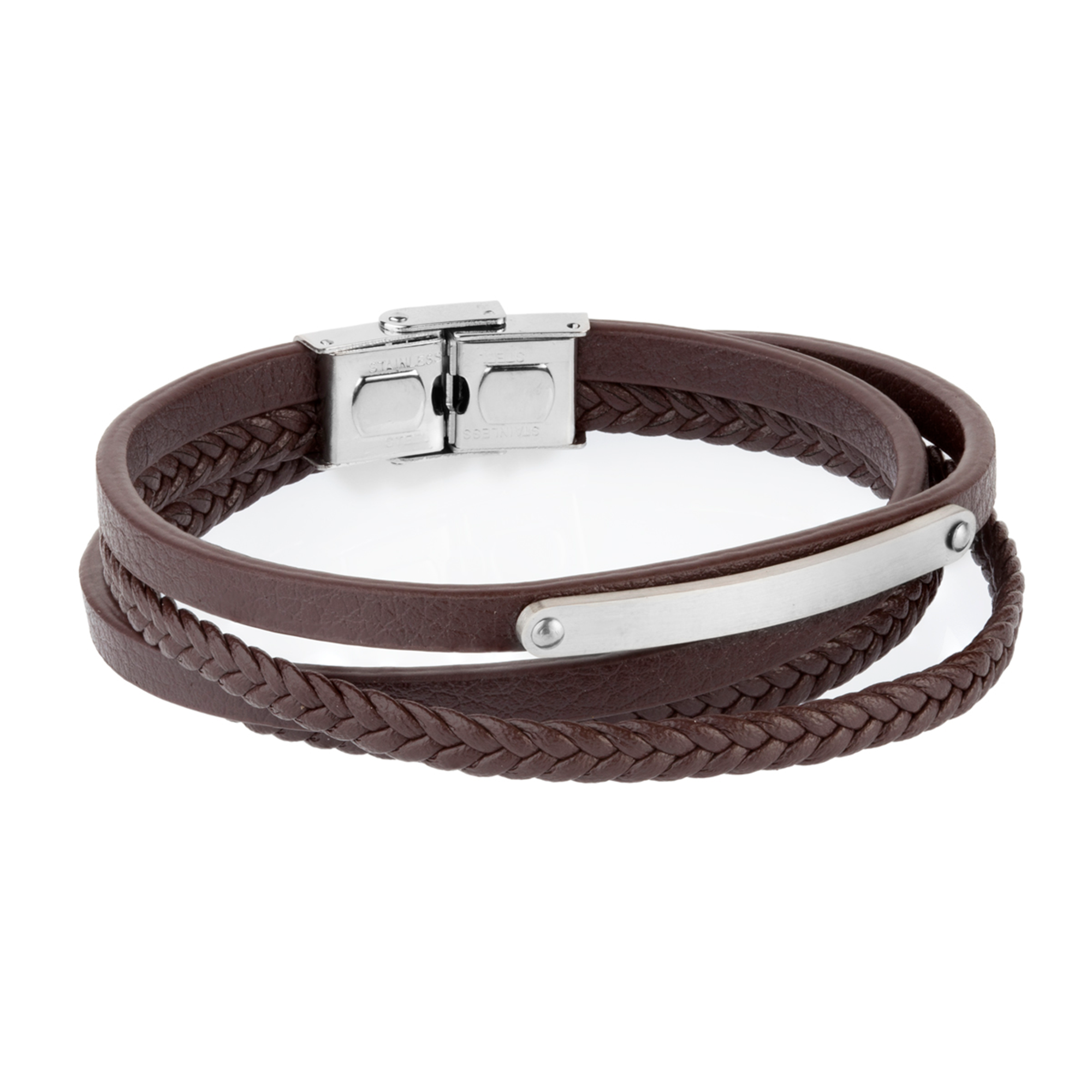 Pulsera de hombre triple piel marrón con placa acero