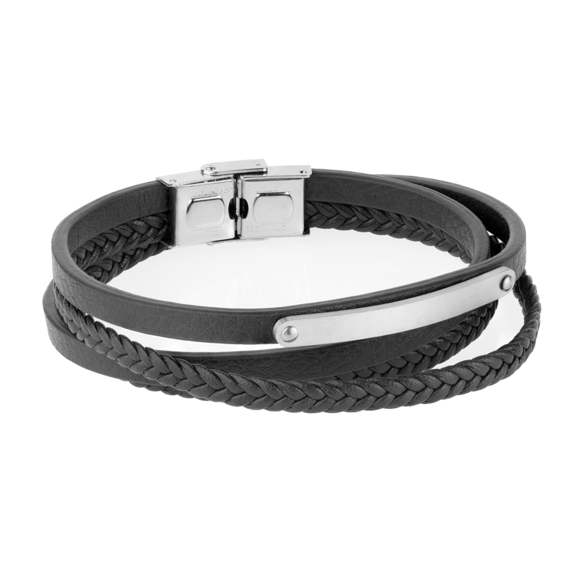 Pulsera de hombre triple piel negro con placa acero