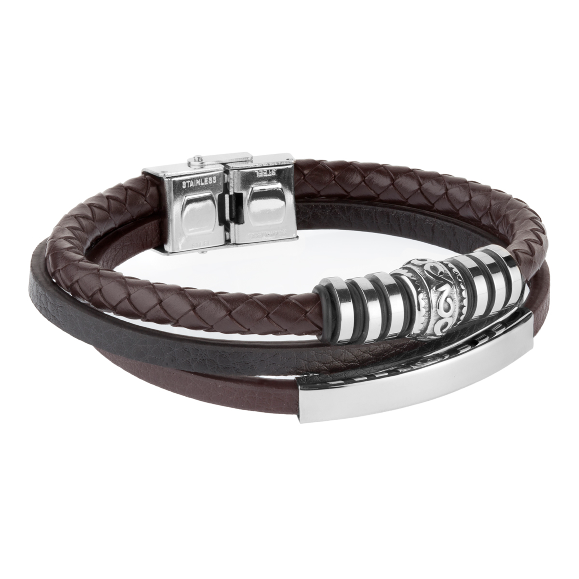 Pulsera de hombre triple piel marrón con placa y motivo en acero