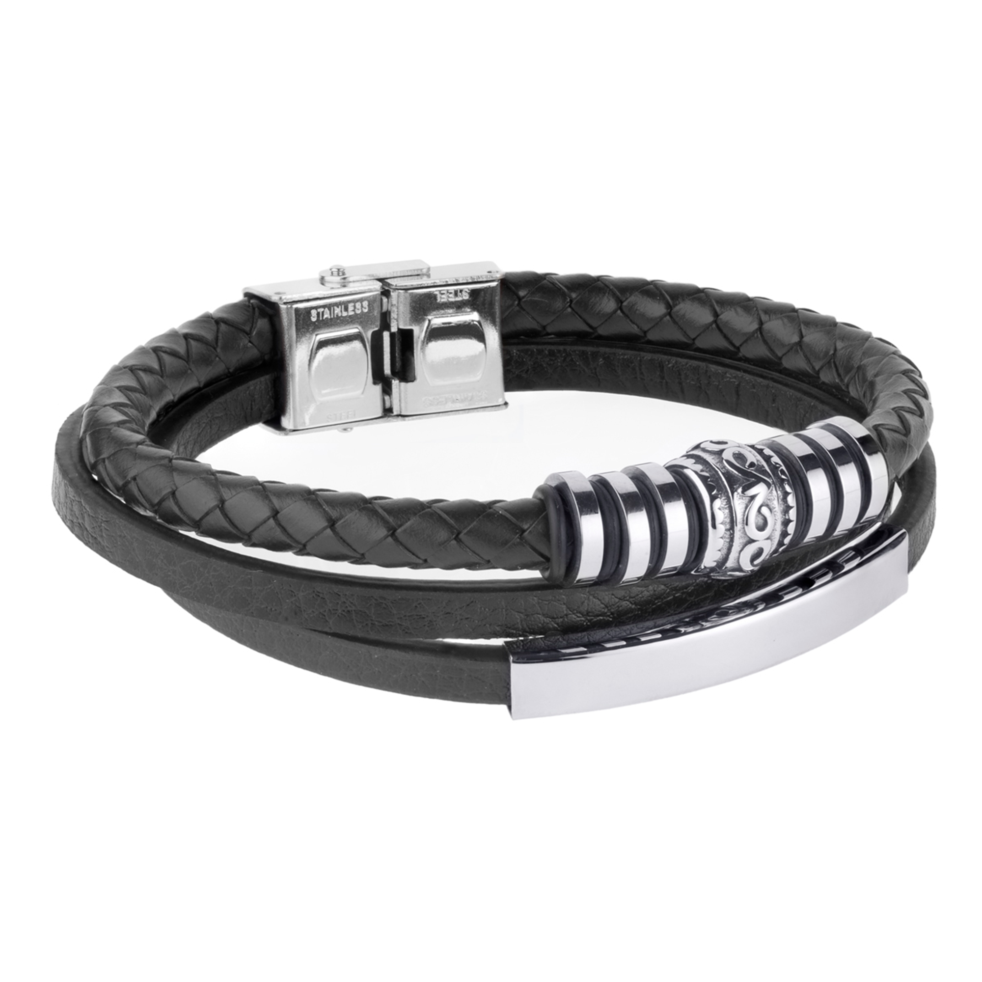Pulsera de hombre triple piel negra con placa y motivo en acero