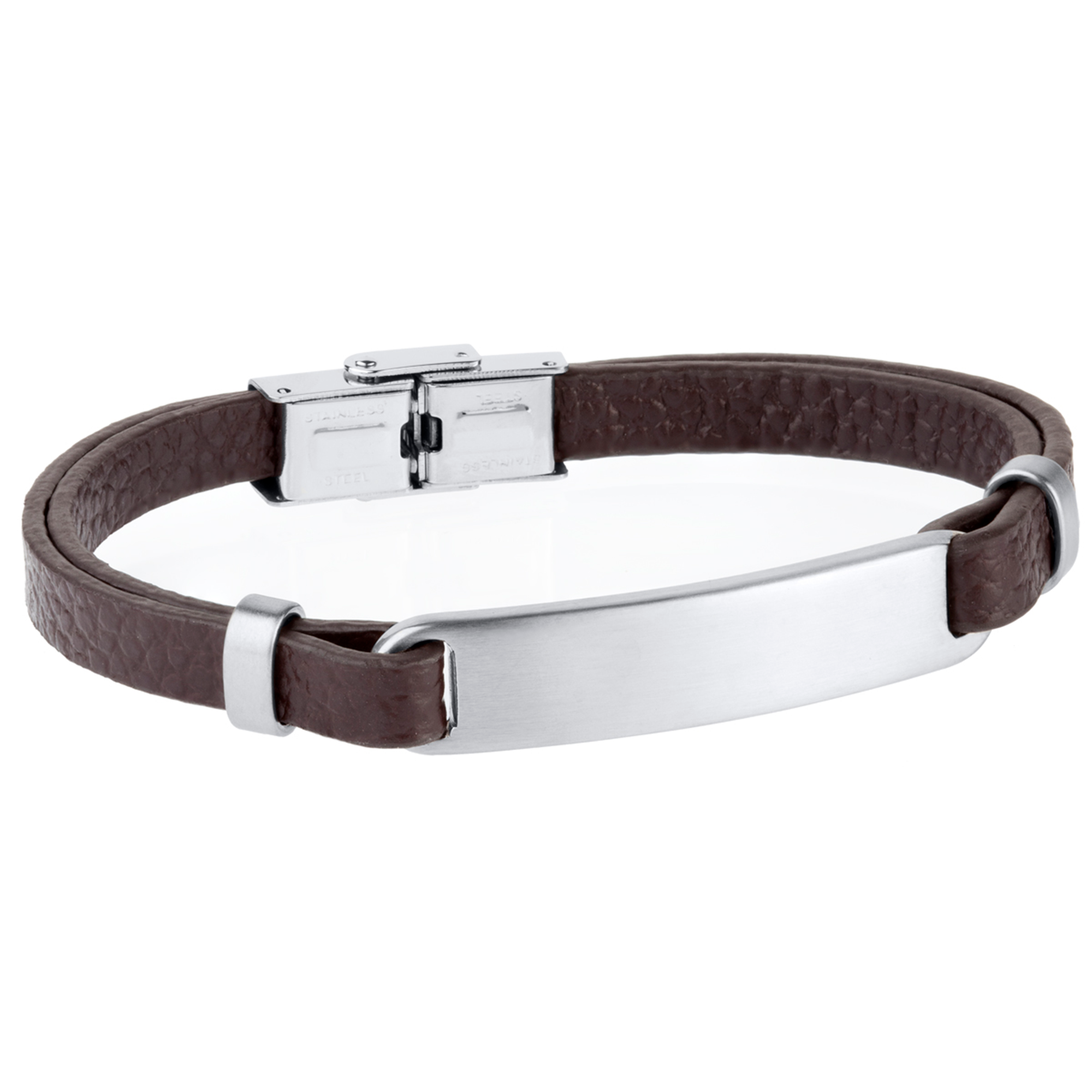Pulsera de hombre de acero con placa piel marrón