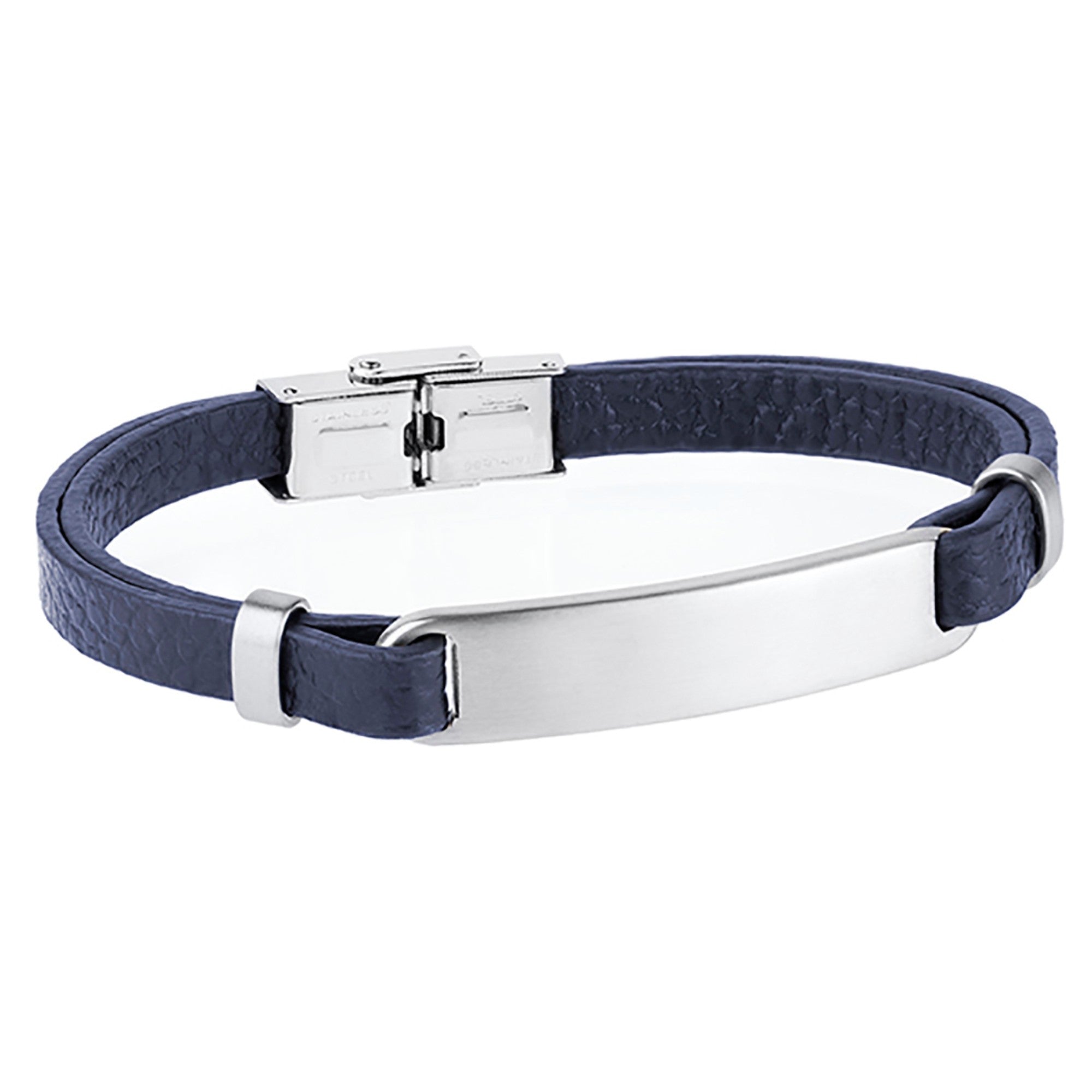 Pulsera de hombre de acero con placa piel azul