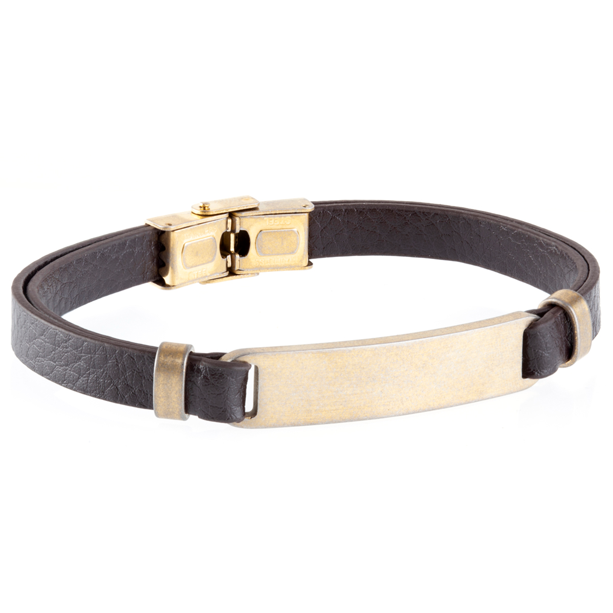 Pulsera de hombre de acero ip dorado con placa piel marrón