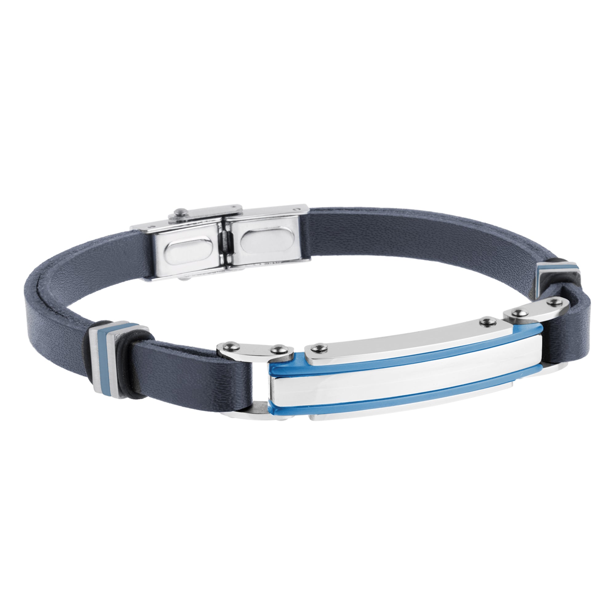 Pulsera Piel marrón y acero IP azul Cierre pestaña