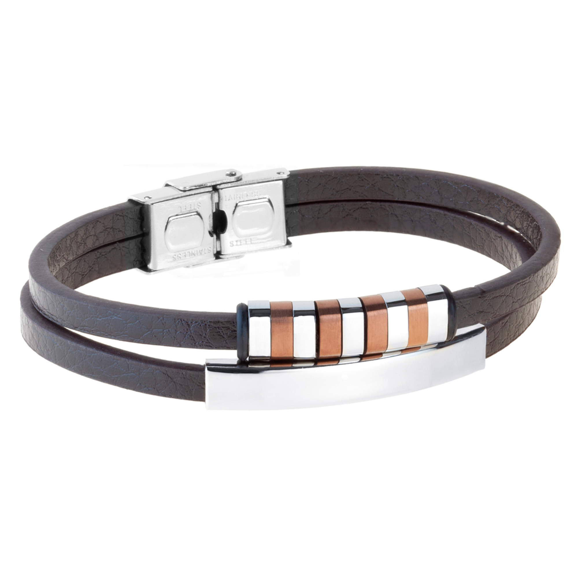Pulsera doble de acero con placa y motivos ip cobre