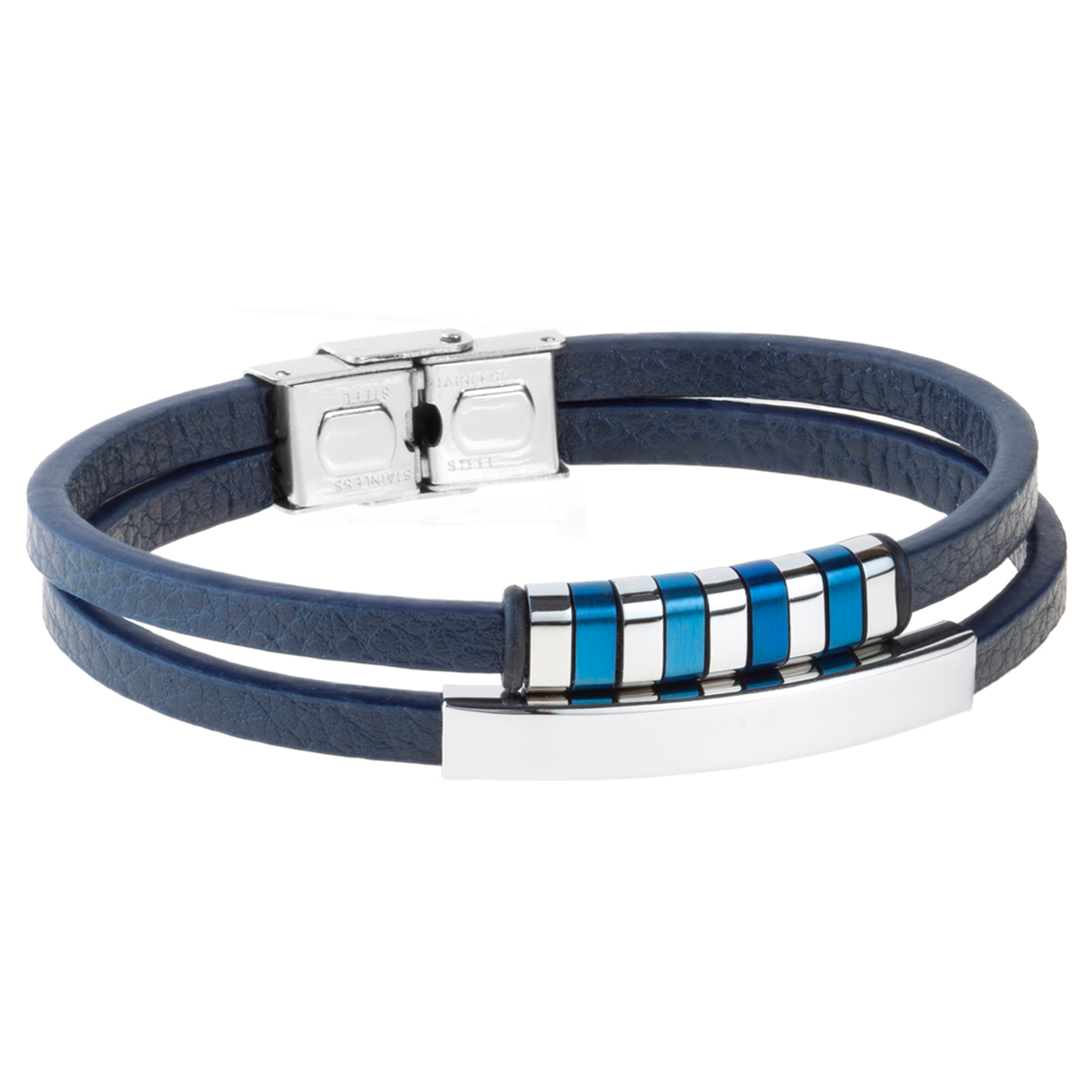 Pulsera doble de acero con placa y motivos ip azul