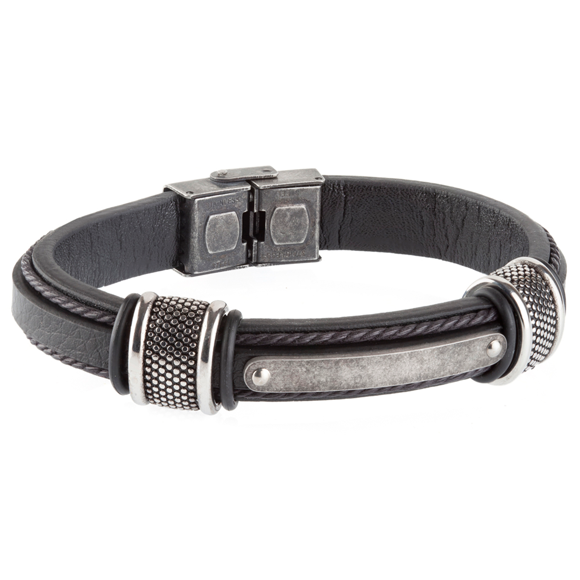 Pulsera de hombre acero y piel negra con detalles ip acero desgastado