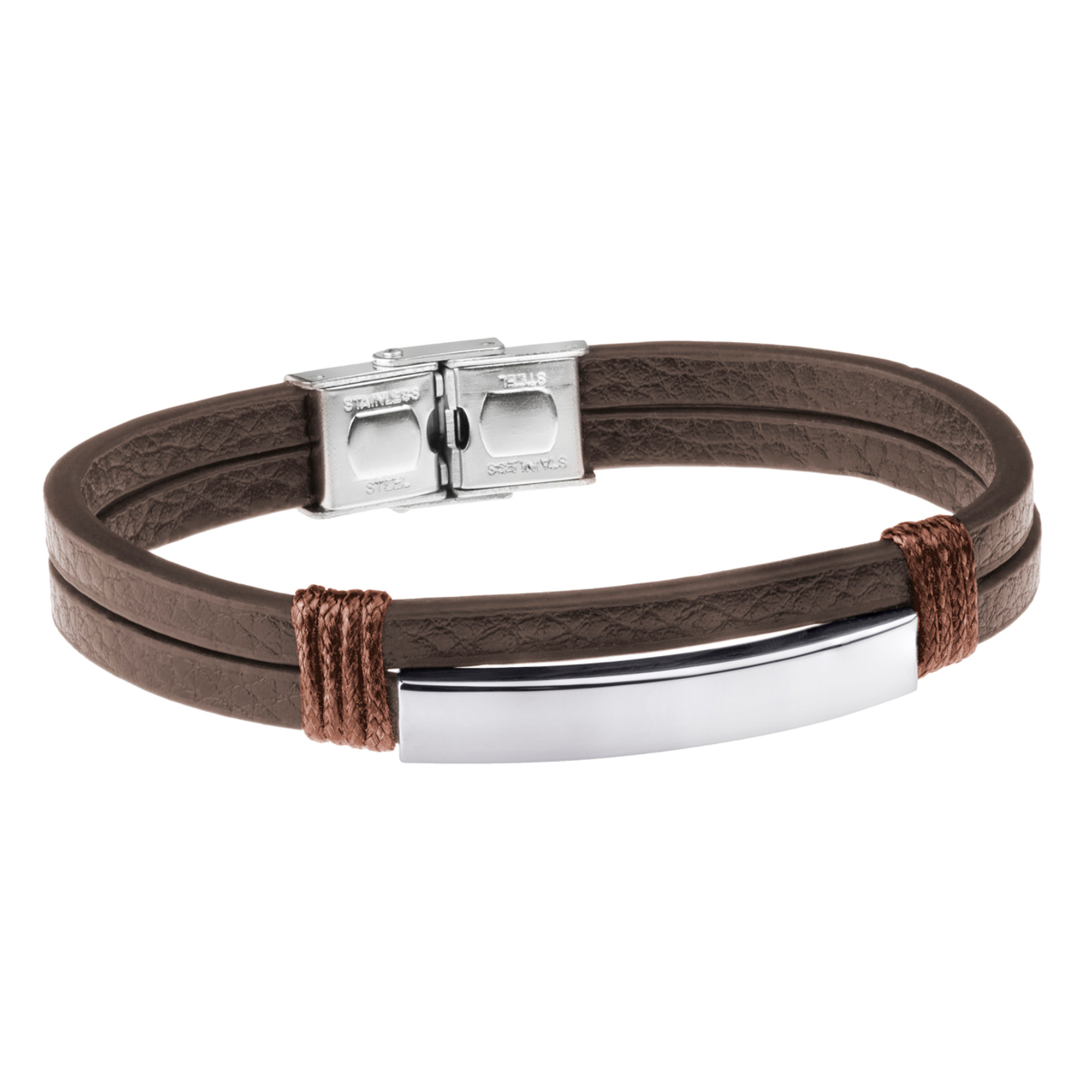 Pulsera doble de hombre de acero y piel marron