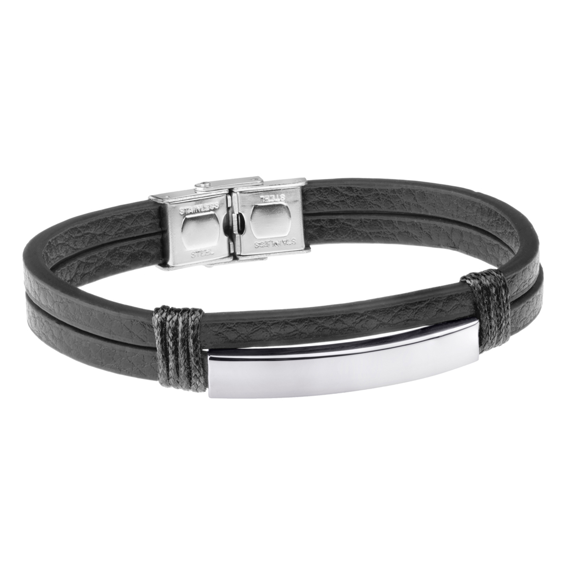 Pulsera doble de hombre de acero y piel negra