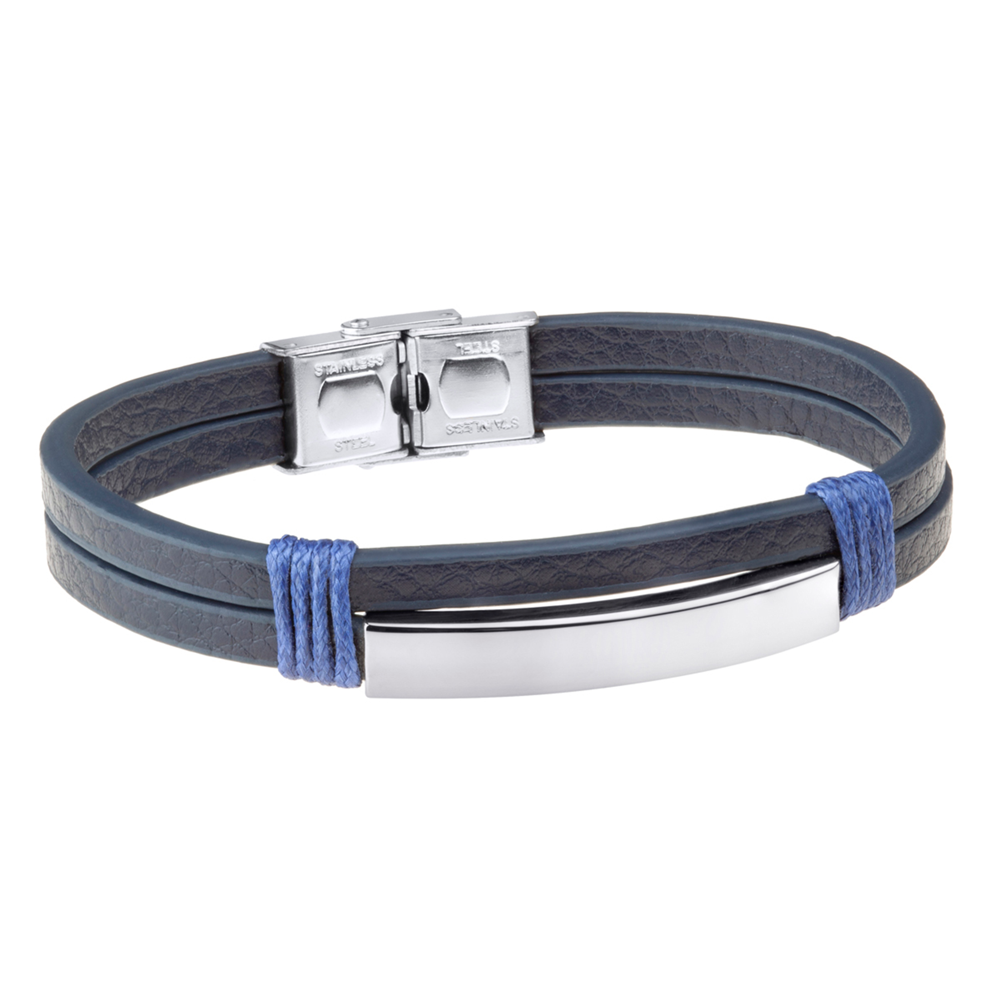 Pulsera doble de hombre de acero y piel azul