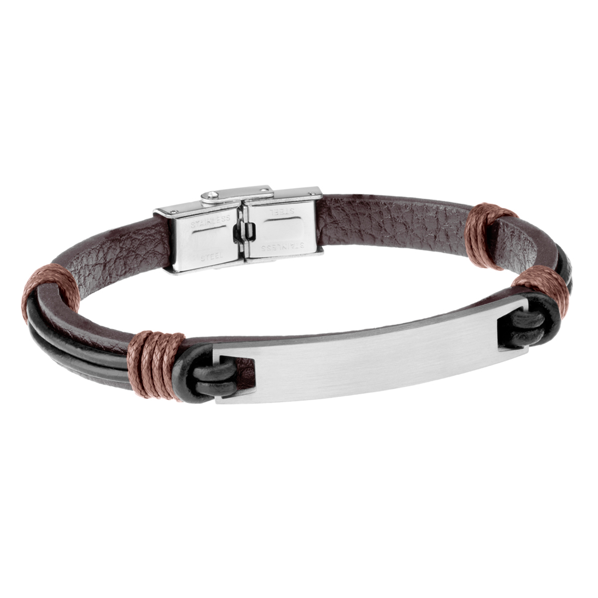 Pulsera de hombre de piel marron con placa de acero