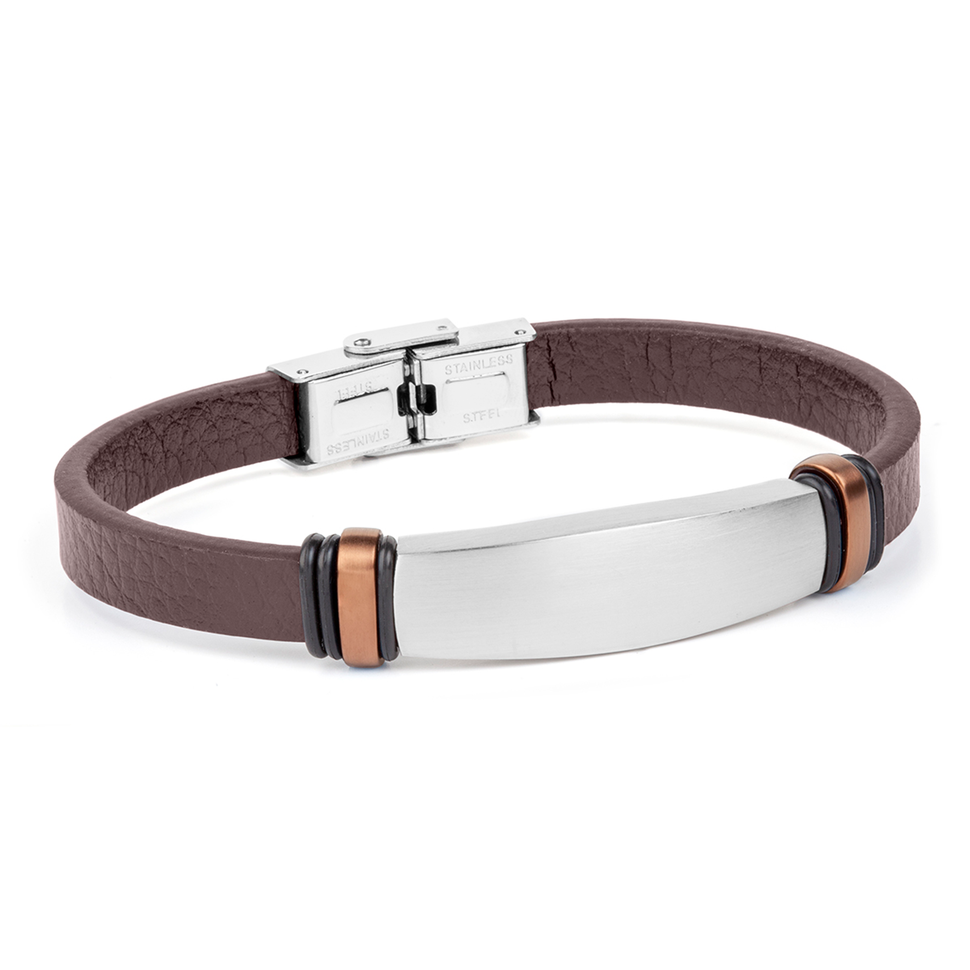Pulsera hombre piel marrón y placa de acero