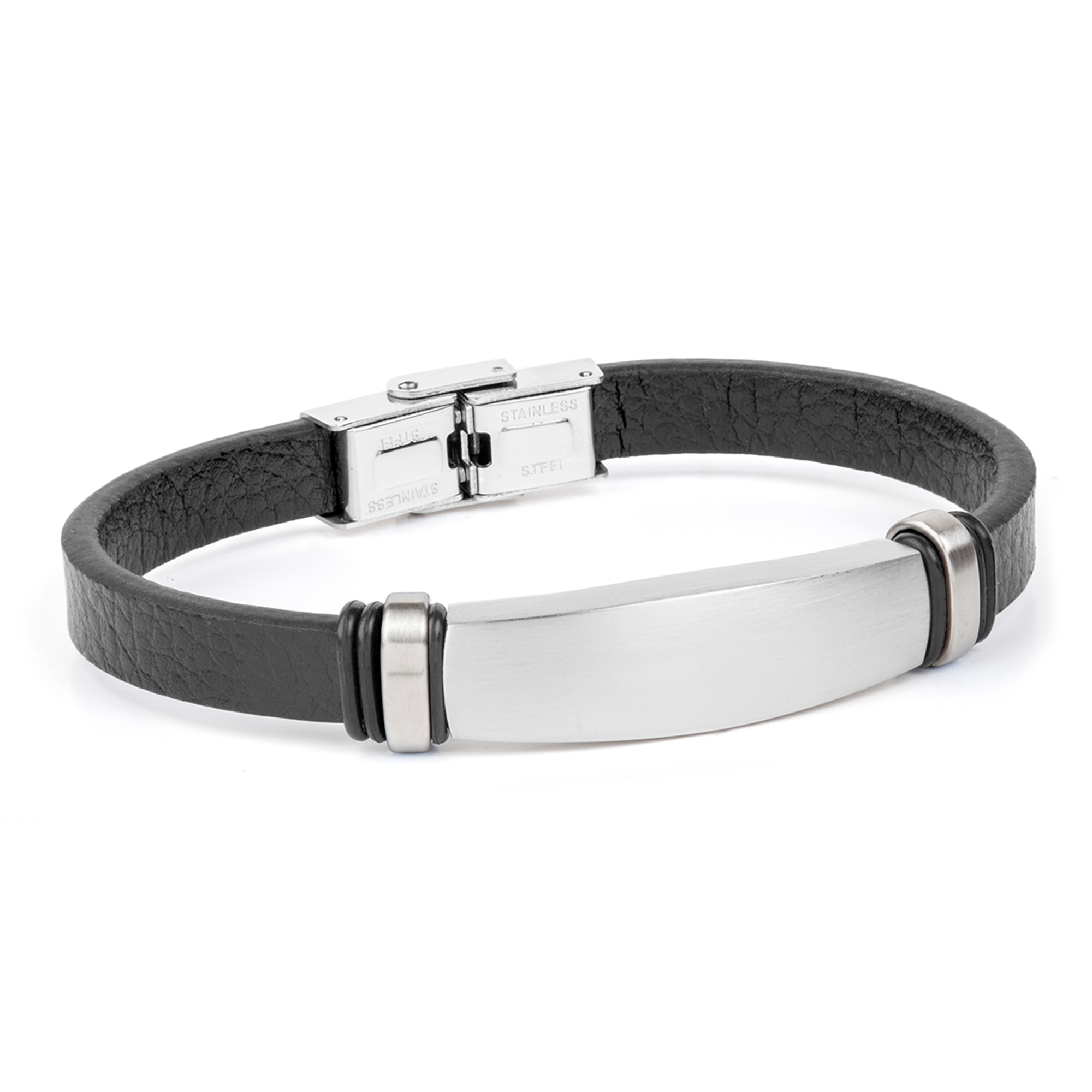 Pulsera hombre piel marnegra y placa de acero