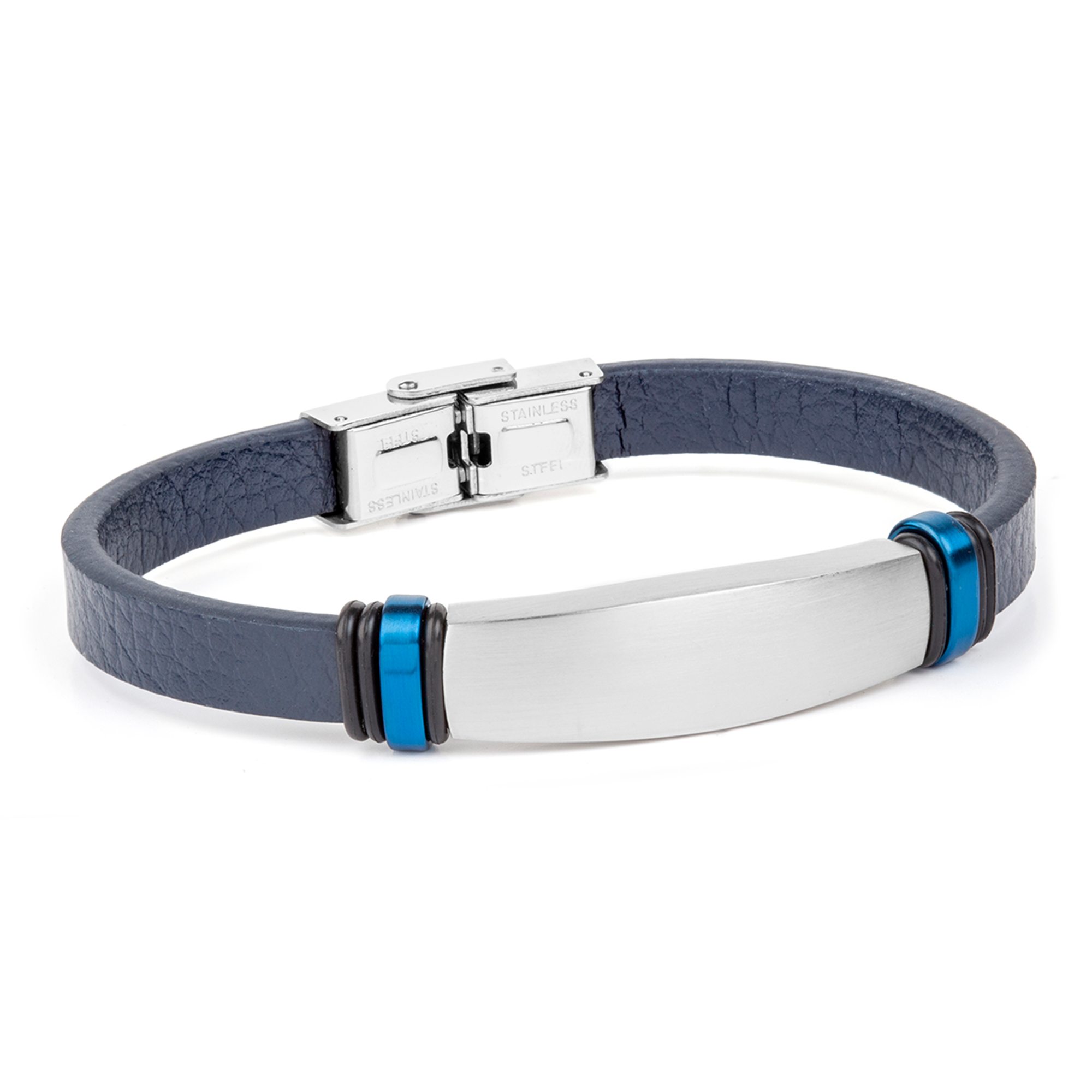 Pulsera hombre piel azul y placa de acero