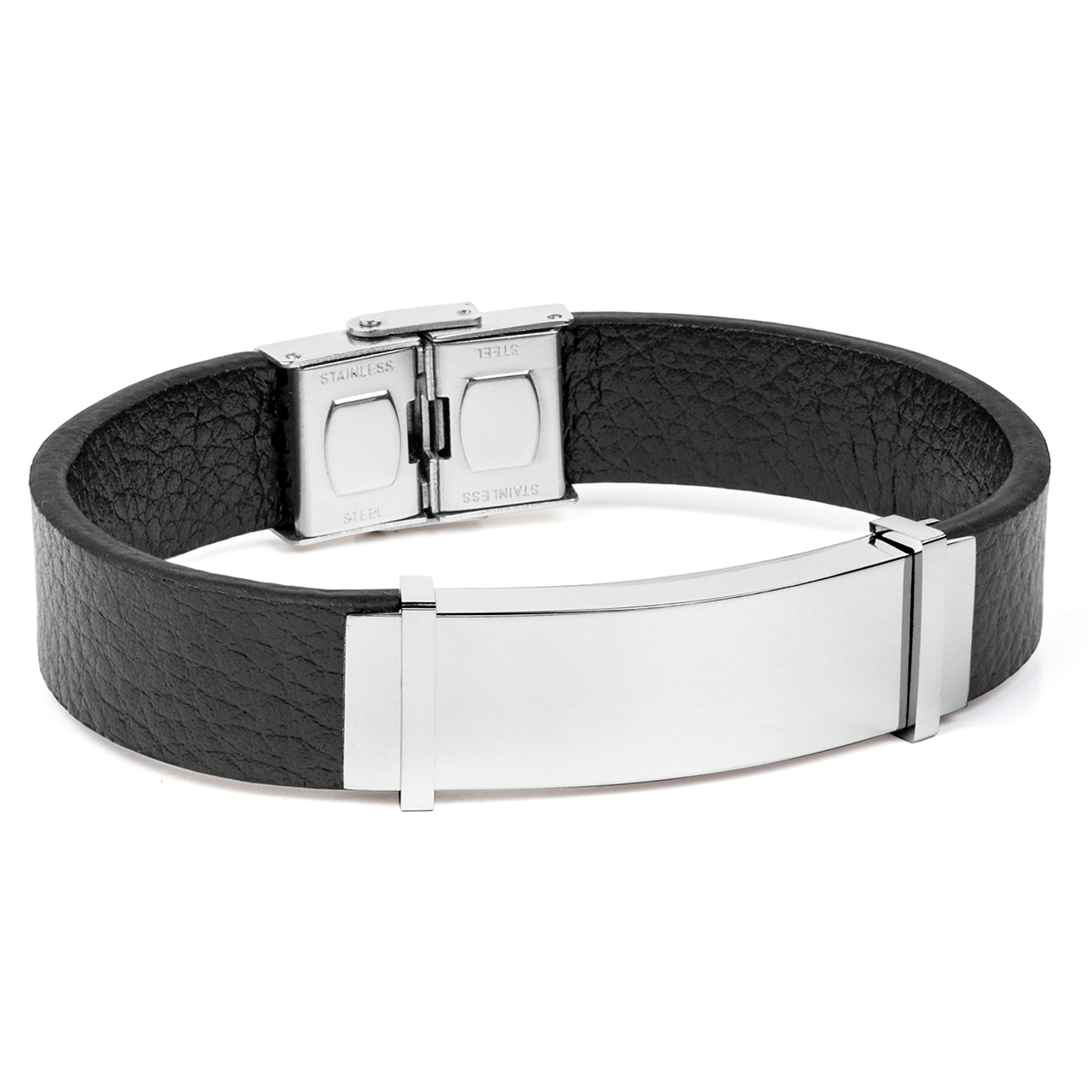 Pulsera hombre ancha piel negra placa de acero