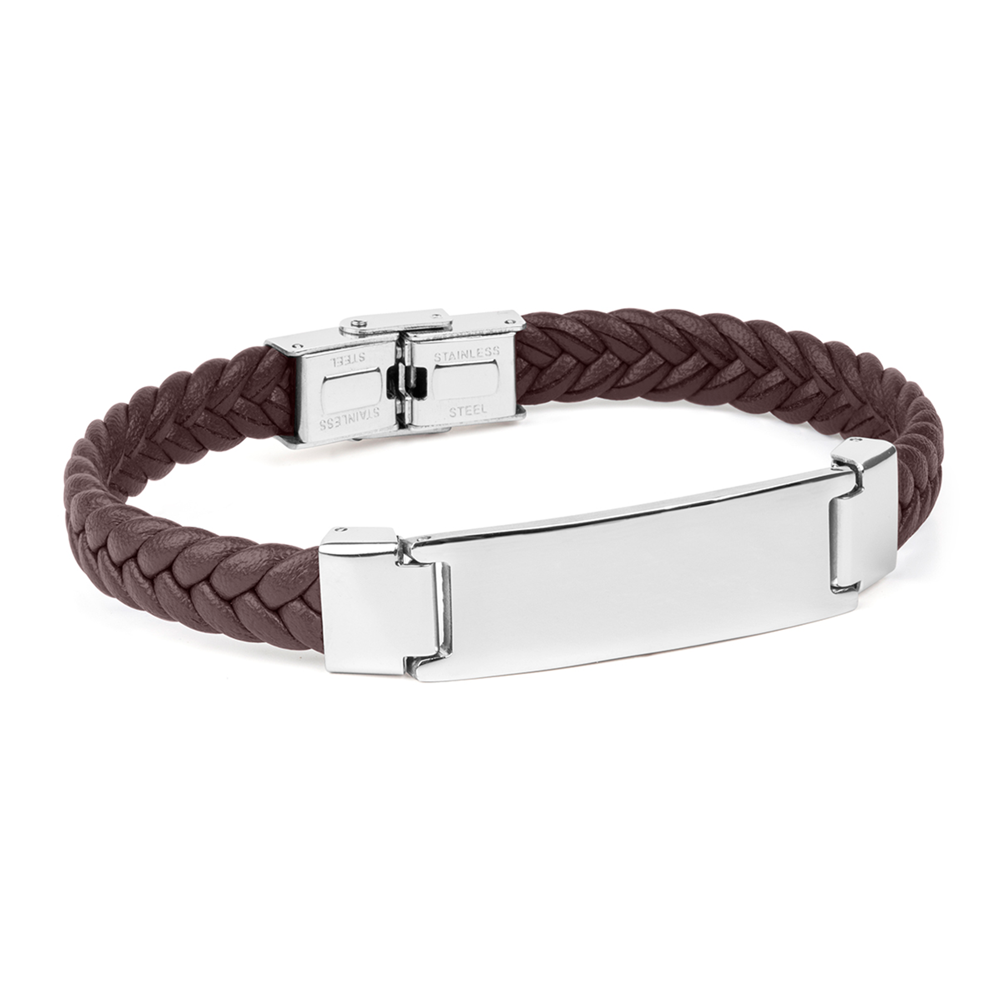 Pulsera hombre piel trenzada marron con placa acero