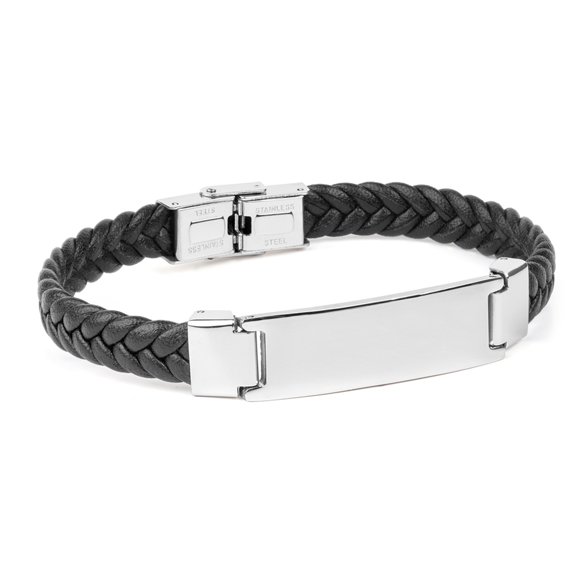 Pulsera hombre piel trenzada negra con placa acero