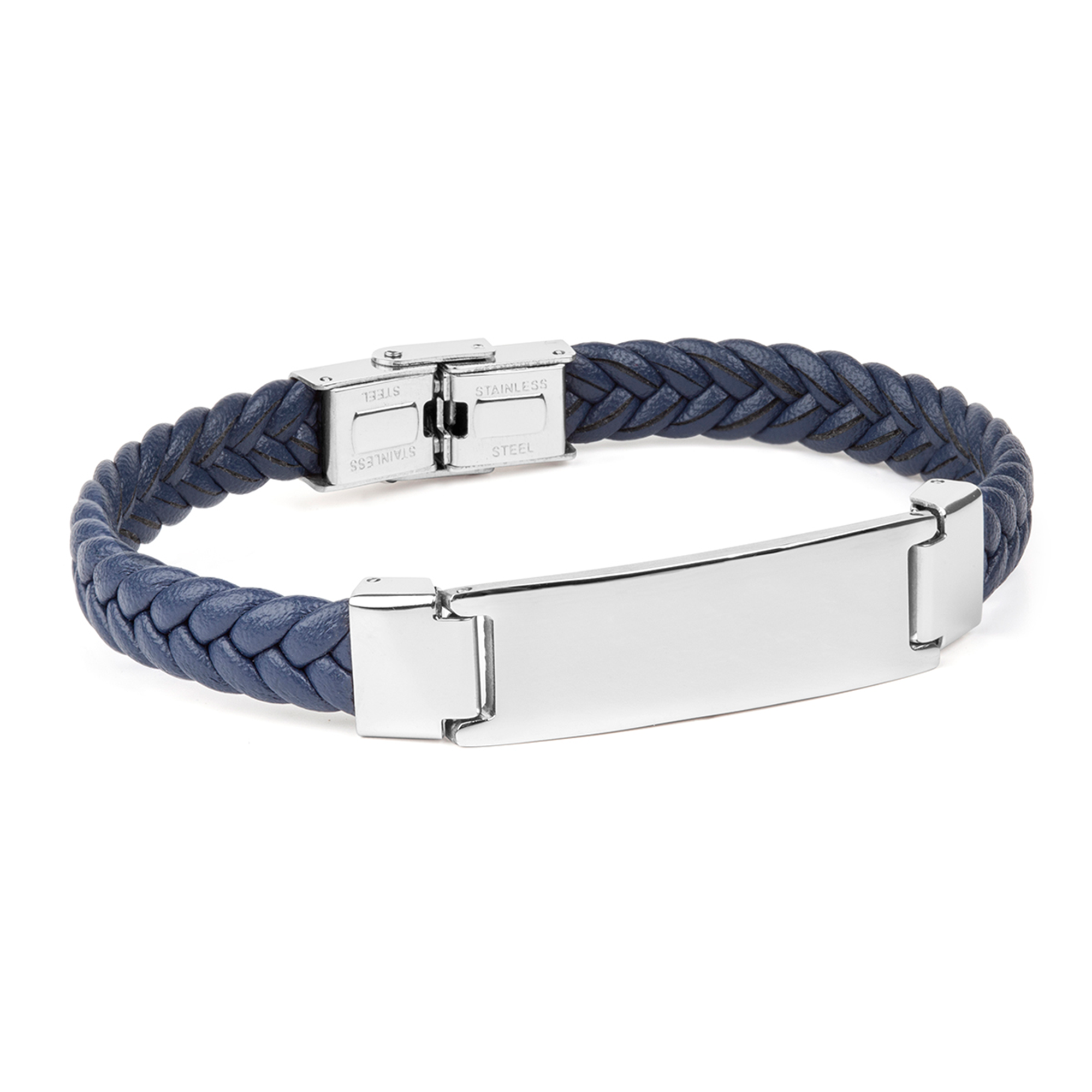 Pulsera hombre piel trenzada azul con placa acero