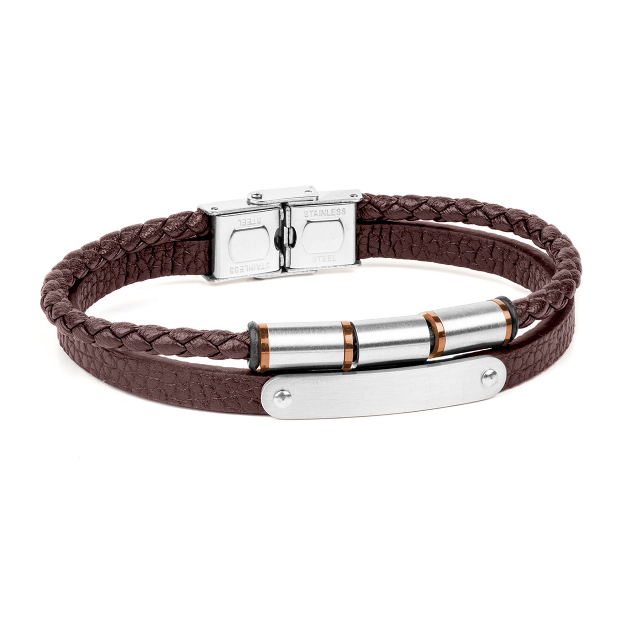 Pulsera doble para hombre de acero y piel marrón
