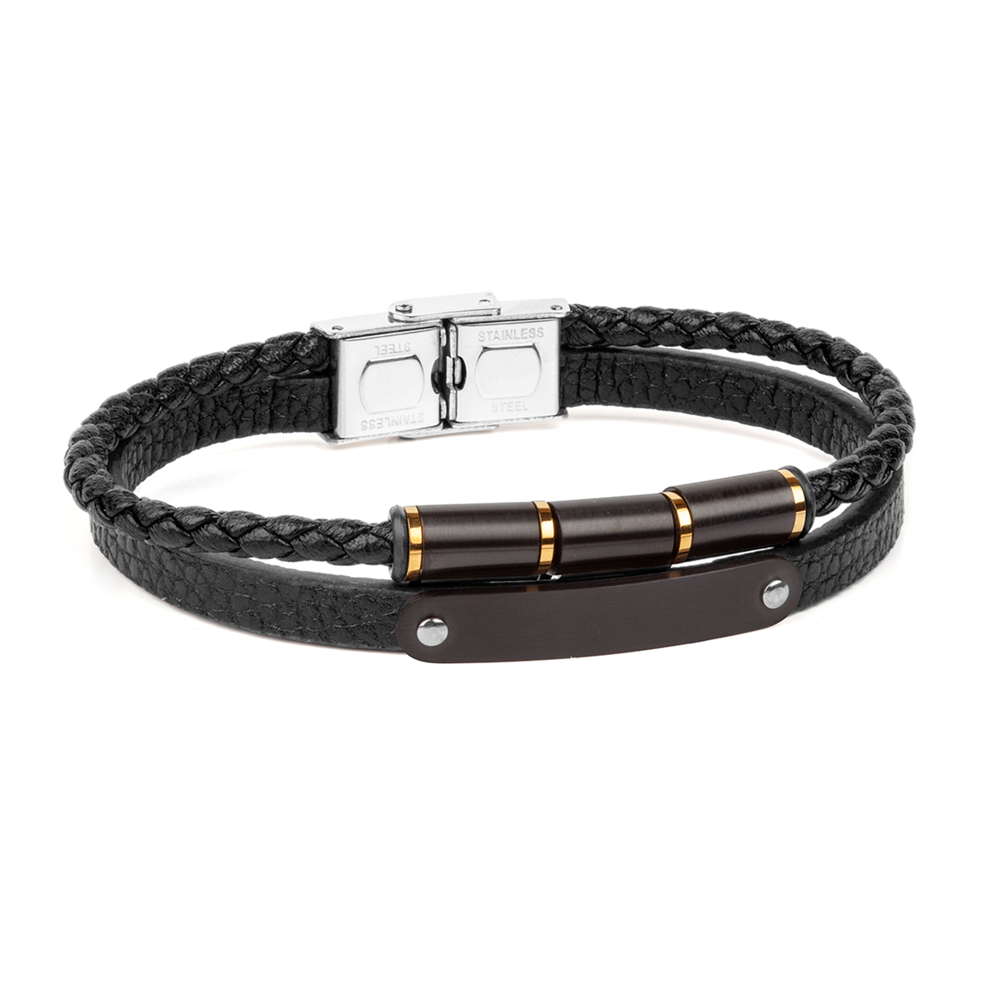 Pulsera doble para hombre de acero y piel negra