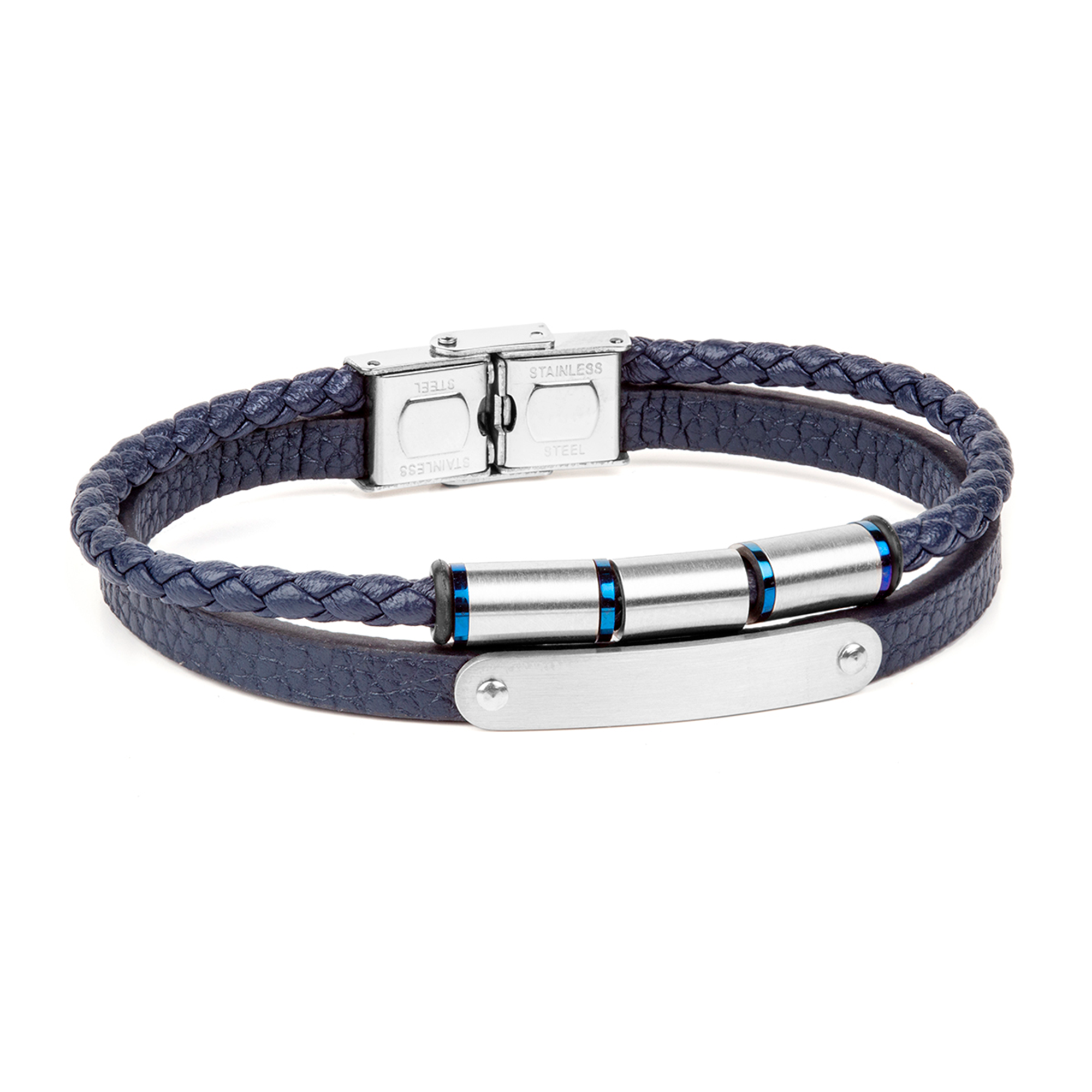 Pulsera doble para hombre de acero y piel azul