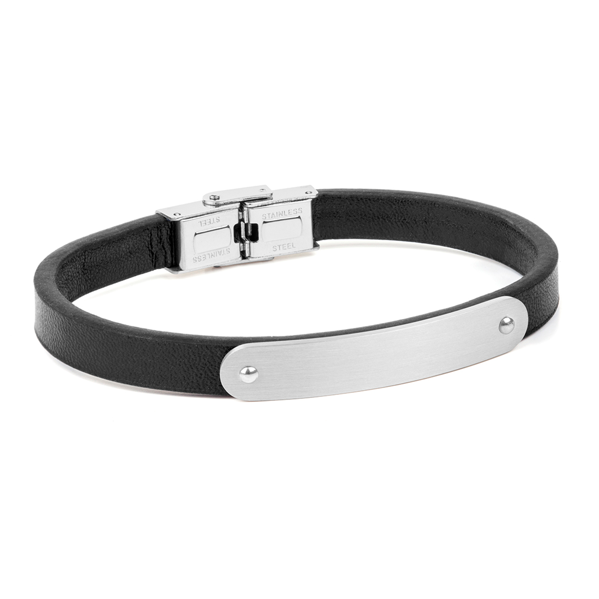 Pulsera de acero con piel negra